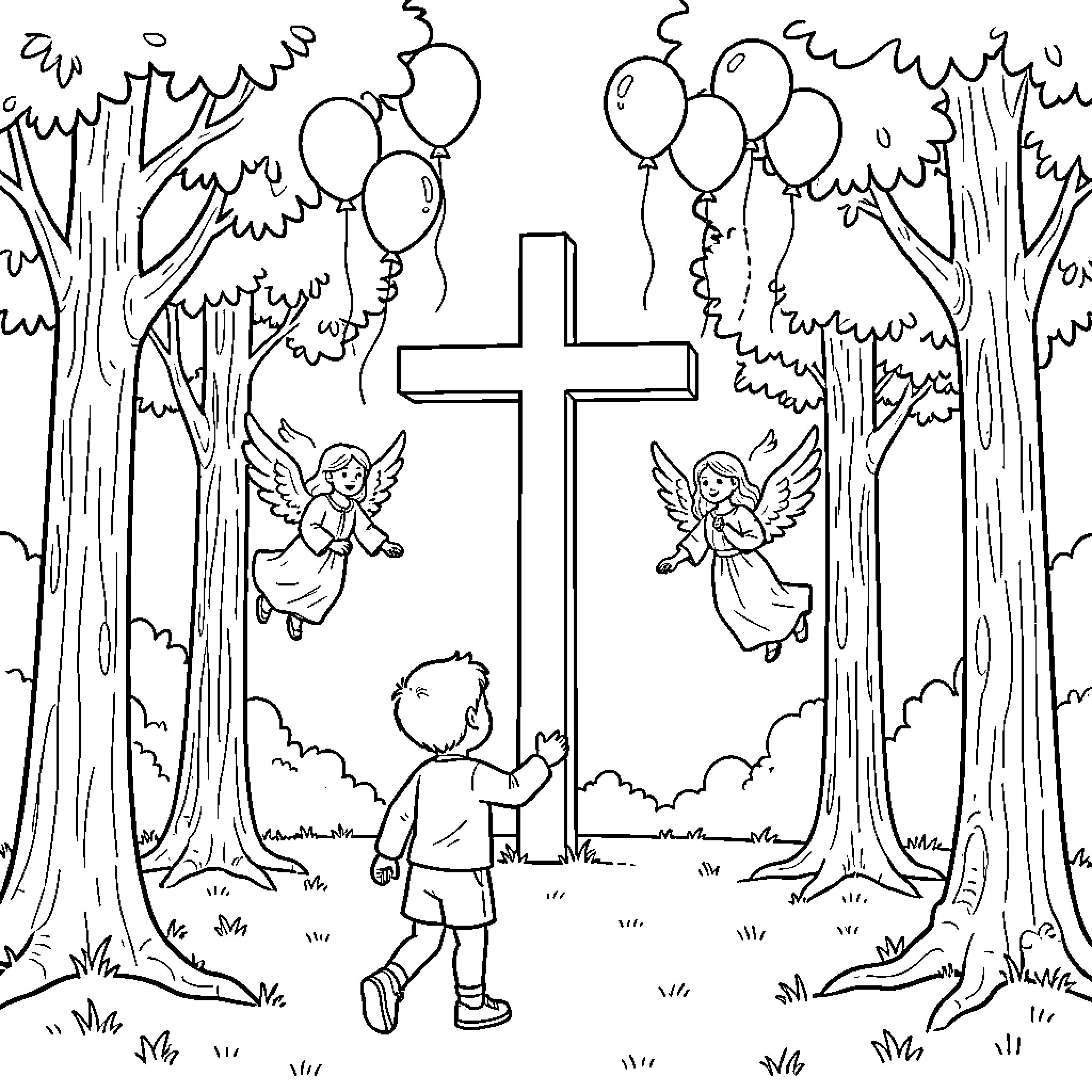 Child standing by a cross with floating angels Coloring Page (free black-and-white line drawing printable PDF for all, from beginners to advanced learners, including children, teens, adults, and seniors)