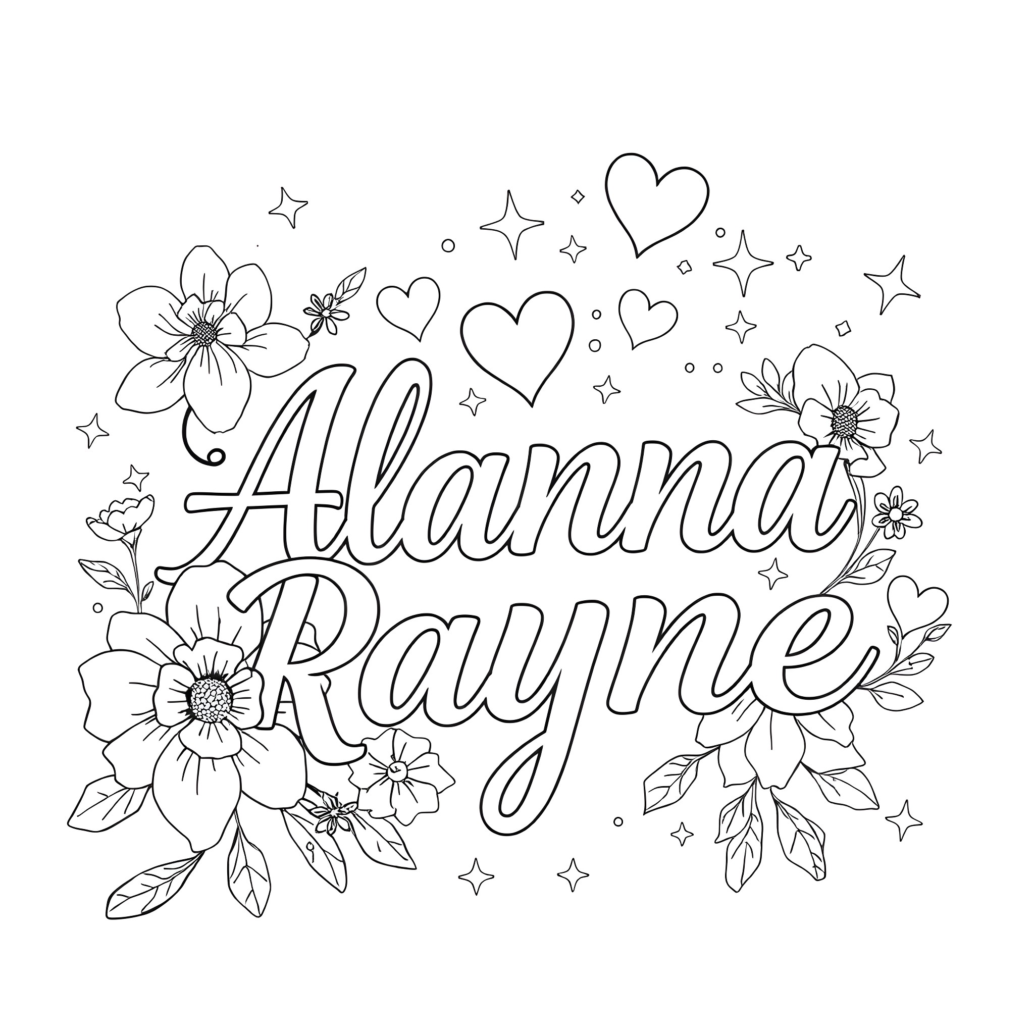 Font of Floral Elements and Name Coloring Page (free black-and-white line drawing printable PDF for all, from beginners to advanced learners, including children, teens, adults, and seniors)