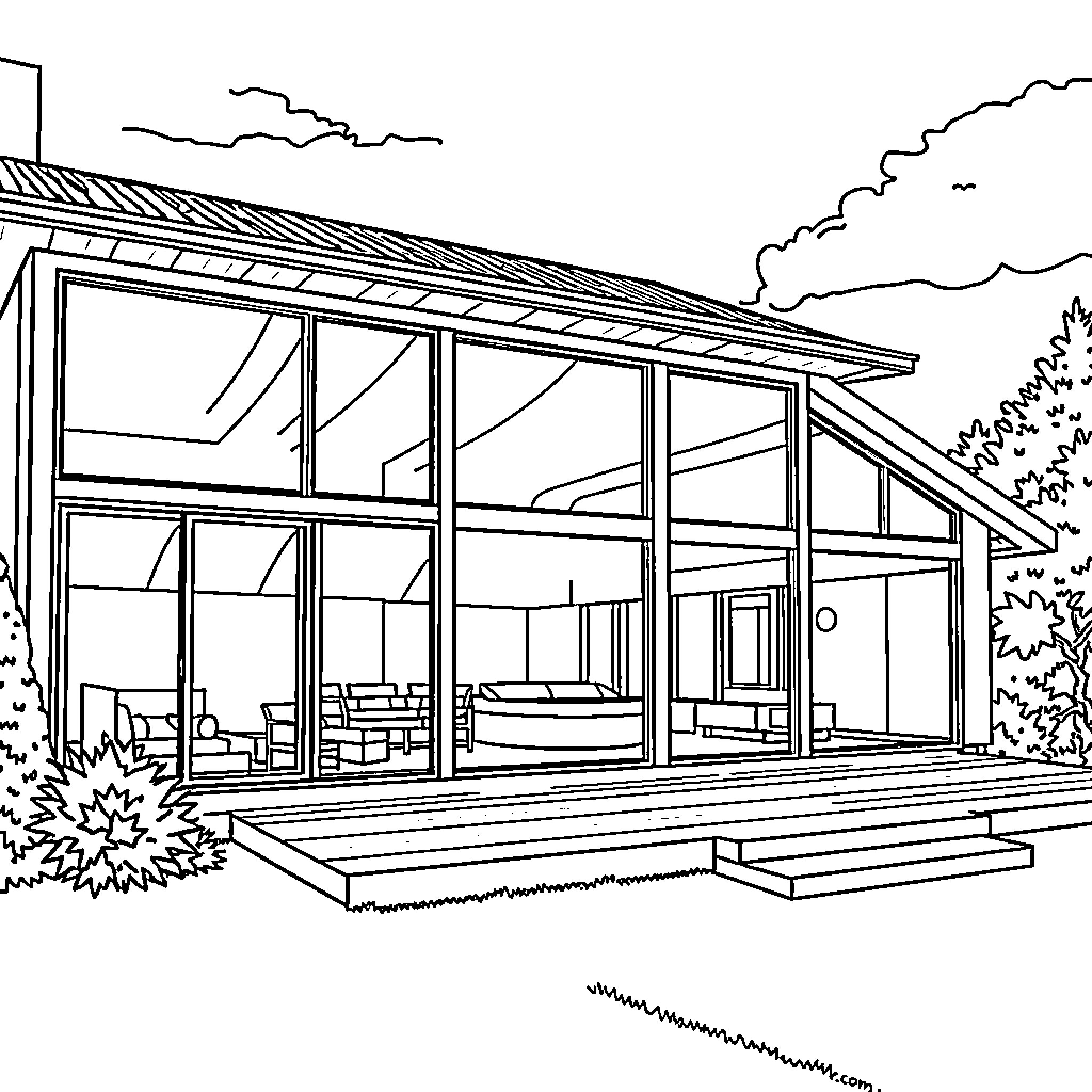 House with modern architectural design and outdoor seating Coloring Page (free black-and-white line drawing printable PDF for all, from beginners to advanced learners, including children, teens, adults, and seniors)