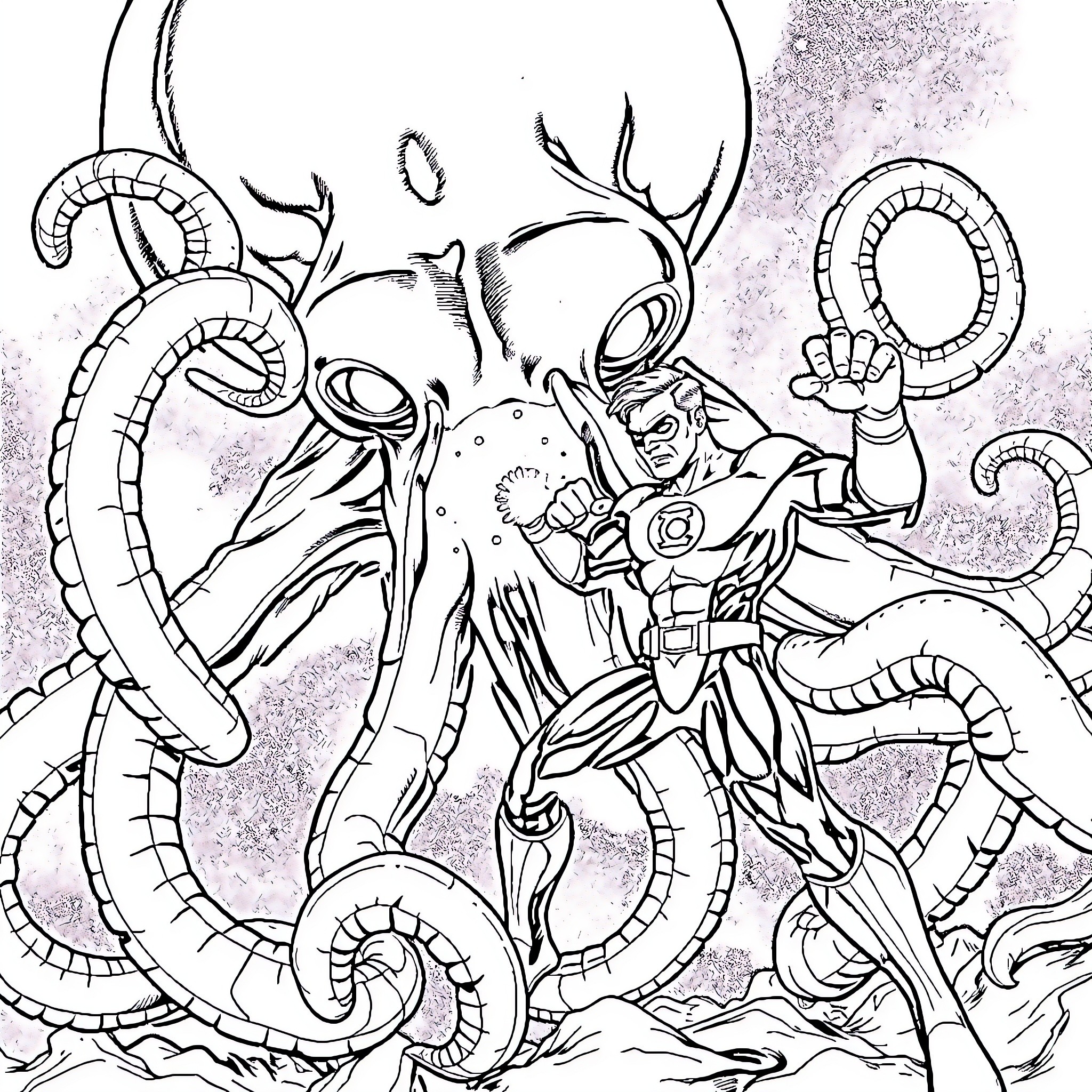 Green Lantern Battling Alien Tentacle Creatures Coloring Page (free black-and-white line drawing printable PDF for all, from beginners to advanced learners, including children, teens, adults, and seniors)