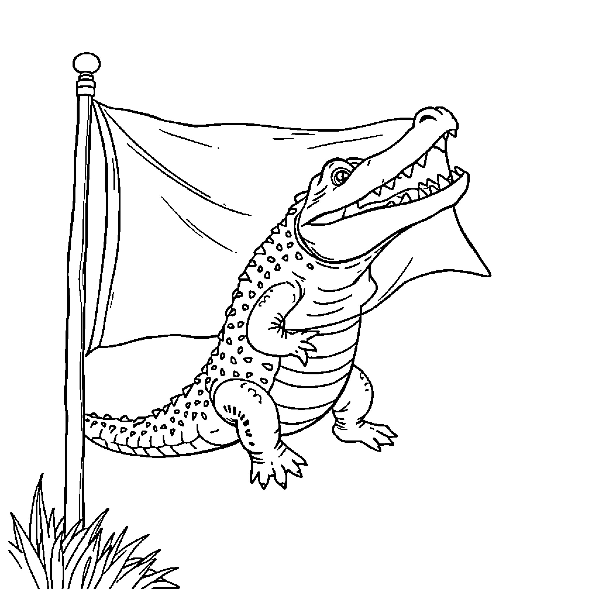 Alligator waving a flag with open mouth Coloring Page (free black-and-white line drawing printable PDF for all, from beginners to advanced learners, including children, teens, adults, and seniors)