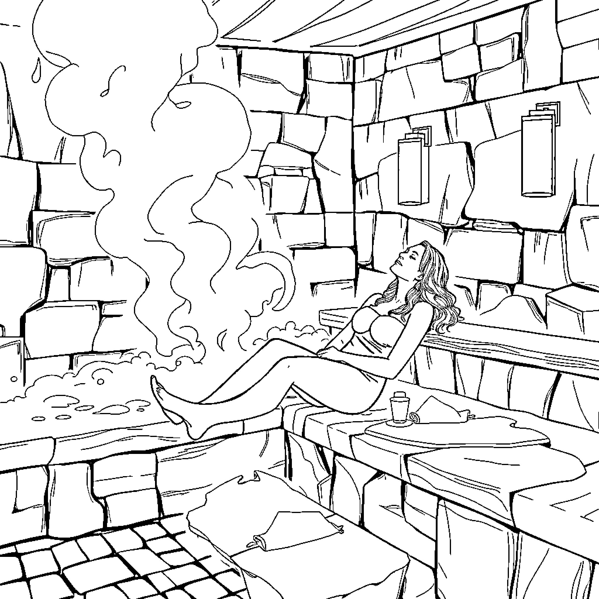 Nicole Kidman relaxing in a cozy cabin Coloring Page (free black-and-white line drawing printable PDF for all, from beginners to advanced learners, including children, teens, adults, and seniors)
