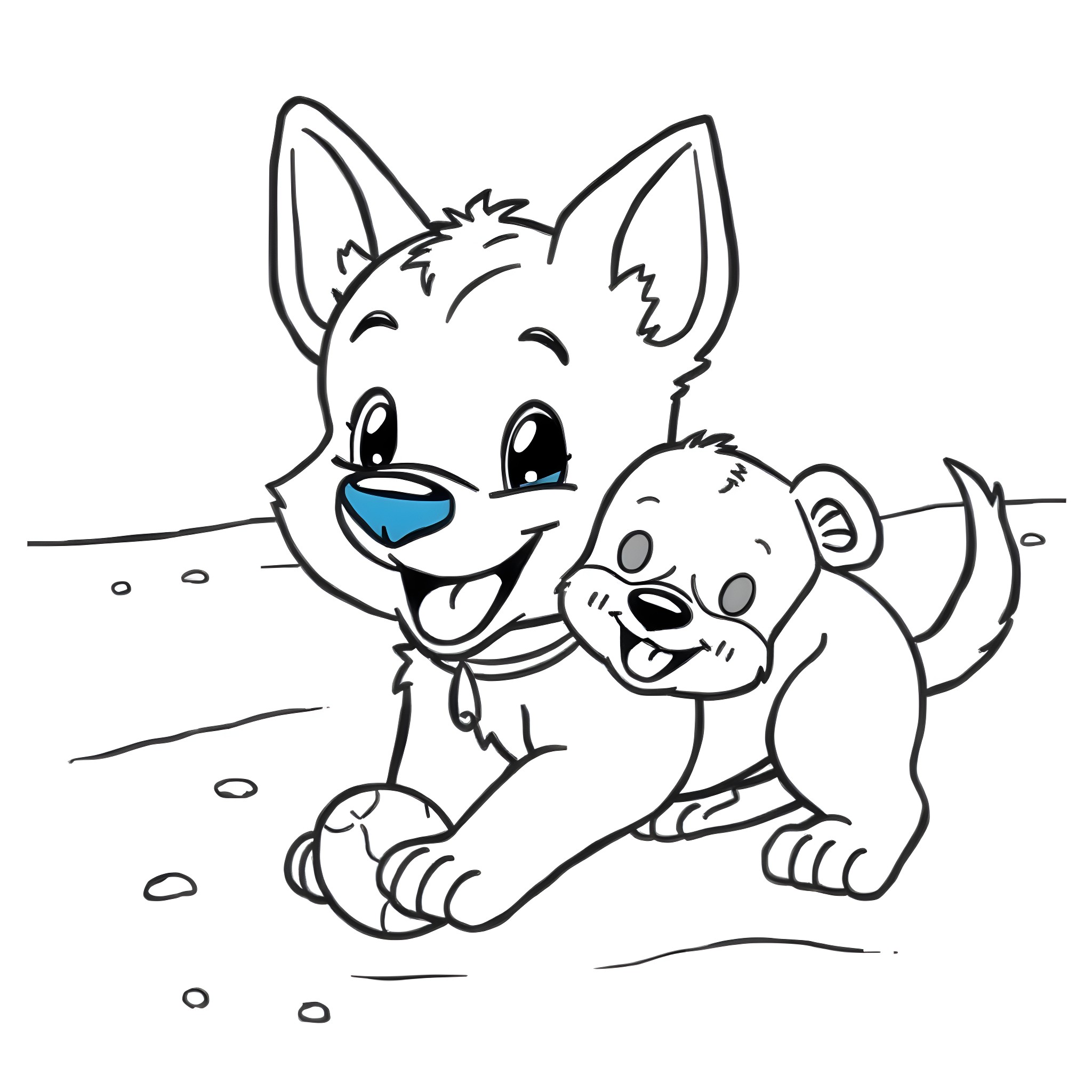 Bluey and puppy playing together joyfully Coloring Page (free black-and-white line drawing printable PDF for all, from beginners to advanced learners, including children, teens, adults, and seniors)