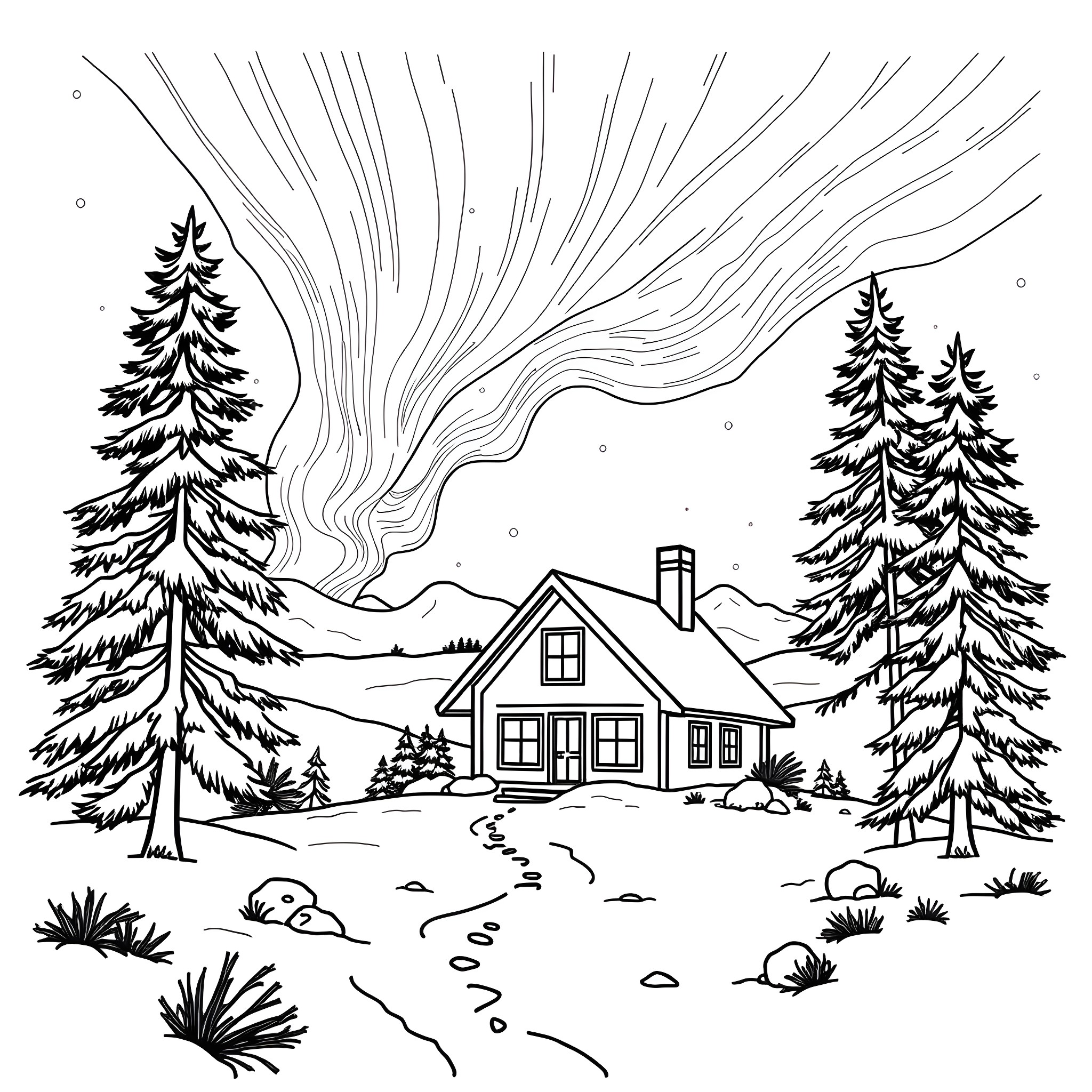 Northern Light House in the Snowy Forest Coloring Page (free black-and-white line drawing printable PDF for all, from beginners to advanced learners, including children, teens, adults, and seniors)