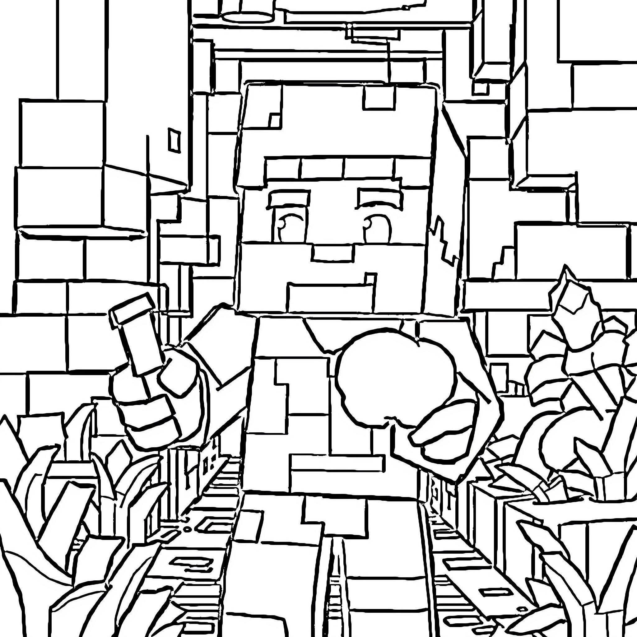 Steve's Blocky Adventure in the Cubist Landscape Coloring Page (free black-and-white line drawing printable PDF for all, from beginners to advanced learners, including children, teens, adults, and seniors)