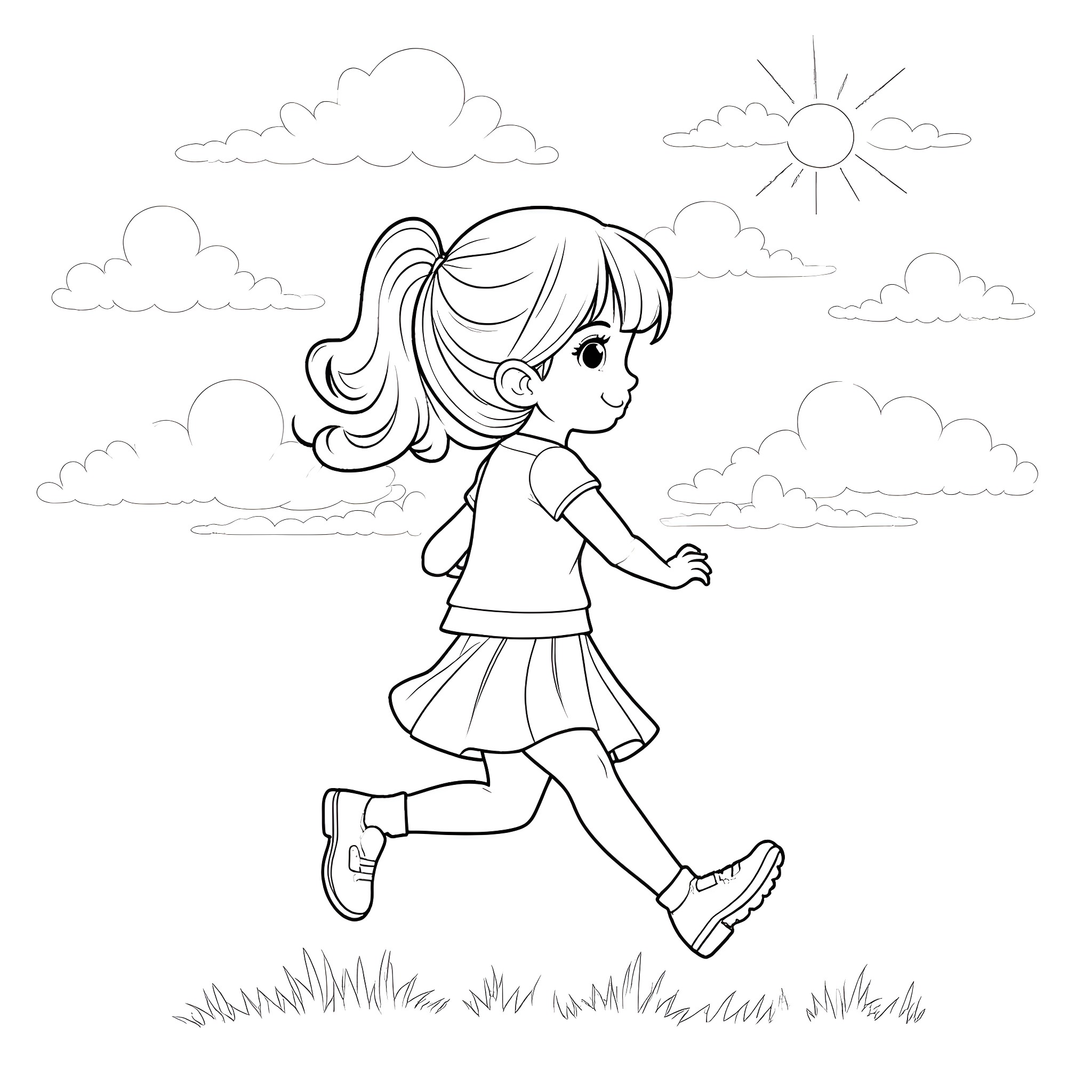 Daughter running happily in the park Coloring Page (free black-and-white line drawing printable PDF for all, from beginners to advanced learners, including children, teens, adults, and seniors)