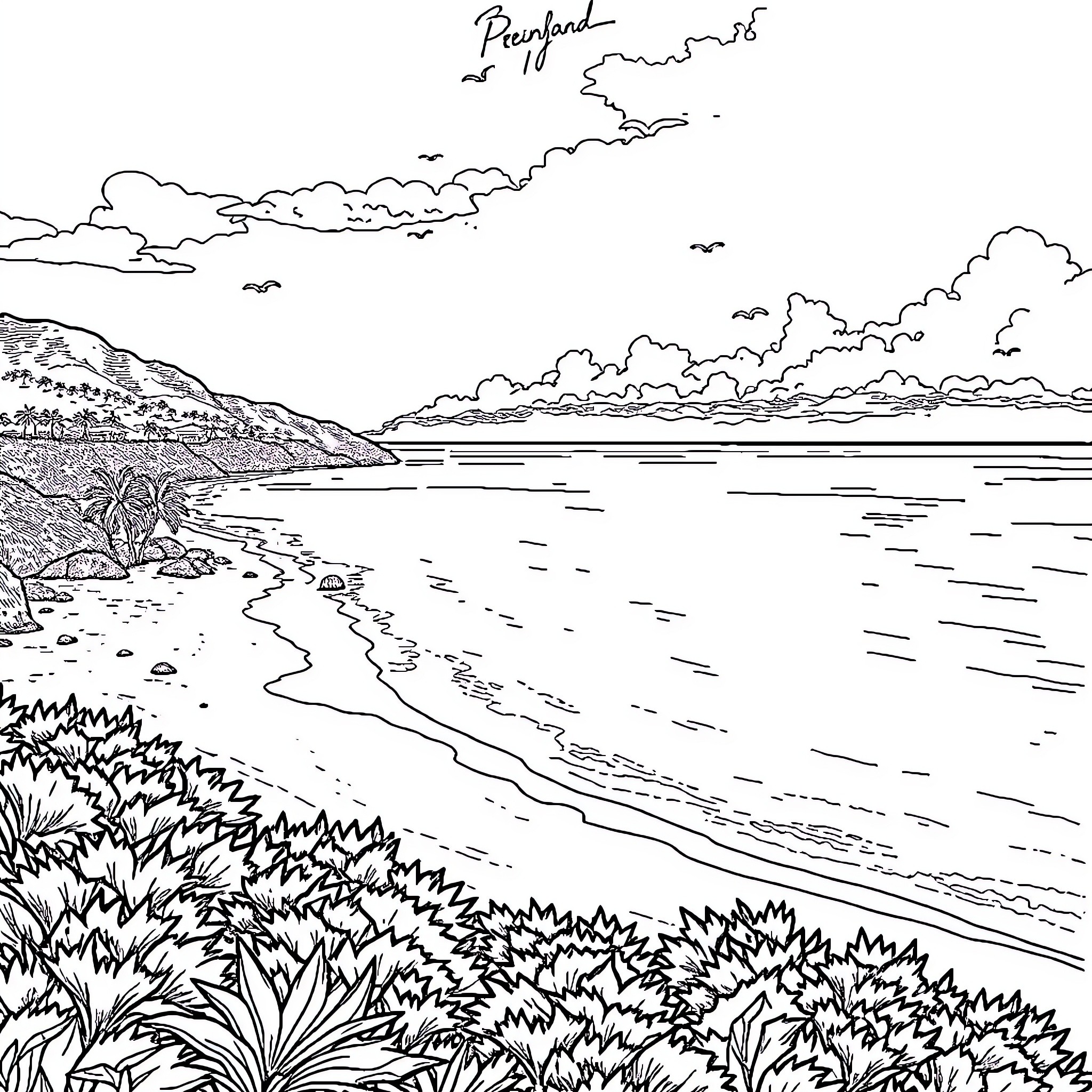 Maraca-playing on a serene beach landscape Coloring Page (free black-and-white line drawing printable PDF for all, from beginners to advanced learners, including children, teens, adults, and seniors)