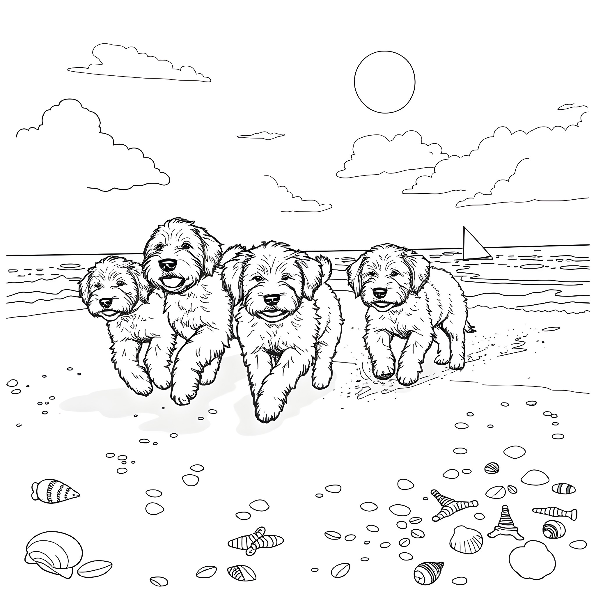 Labradoodle puppies playing on the beach Coloring Page (free black-and-white line drawing printable PDF for all, from beginners to advanced learners, including children, teens, adults, and seniors)