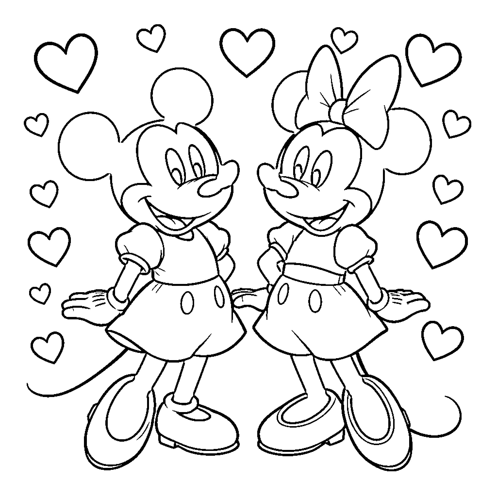 Mickey and Minnie in a Loving Embrace Coloring Page (free black-and-white line drawing printable PDF for all, from beginners to advanced learners, including children, teens, adults, and seniors)