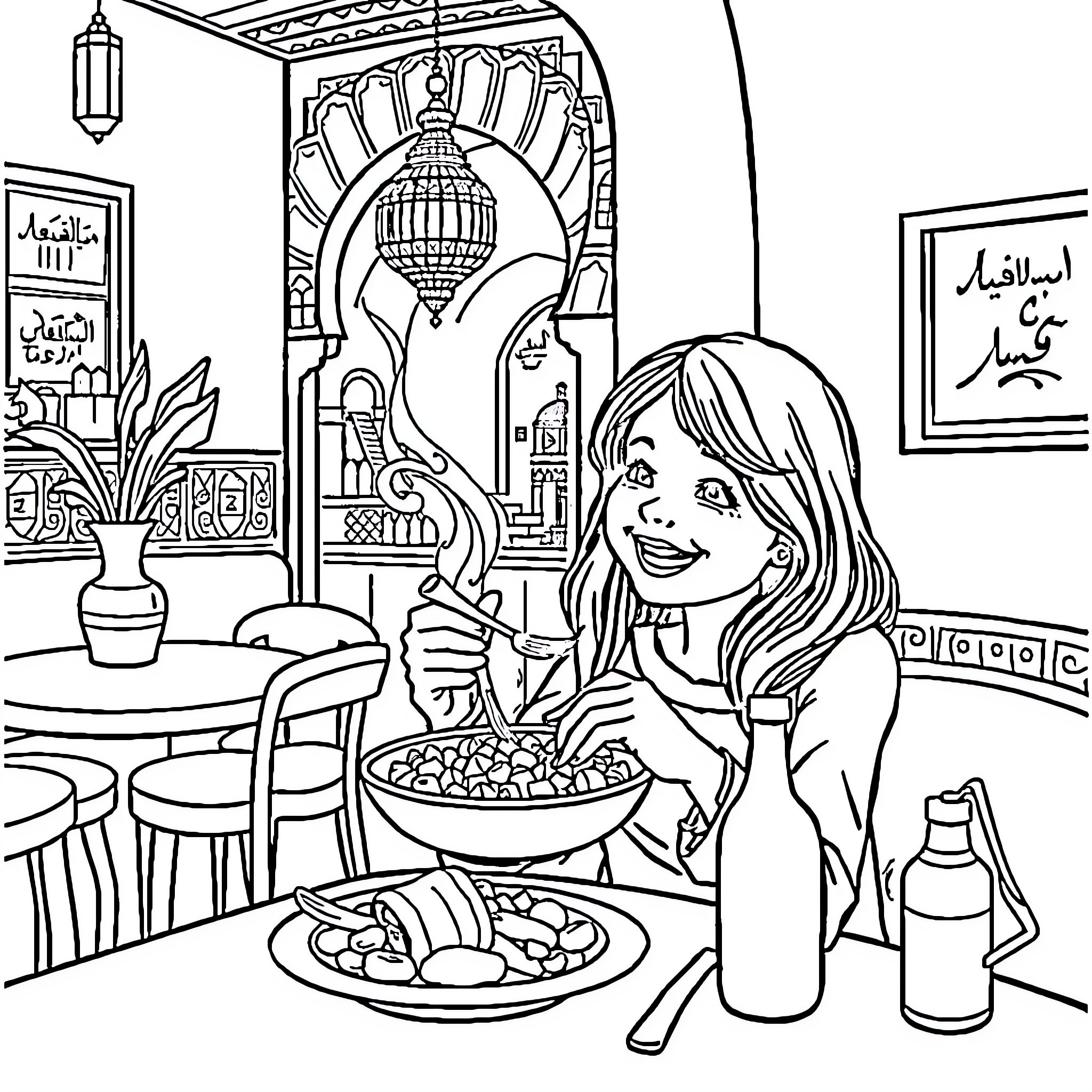 Girl enjoying traditional Middle Eastern meal Coloring Page (free black-and-white line drawing printable PDF for all, from beginners to advanced learners, including children, teens, adults, and seniors)