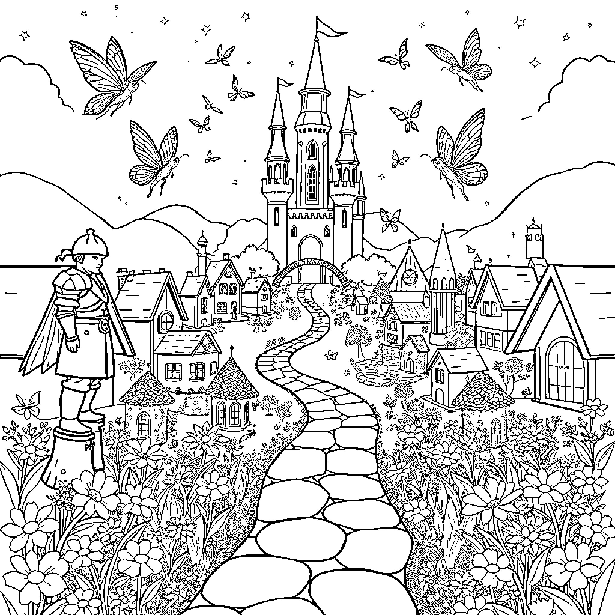 Fairy Town with Castle and Butterflies Coloring Page (free black-and-white line drawing printable PDF for all, from beginners to advanced learners, including children, teens, adults, and seniors)