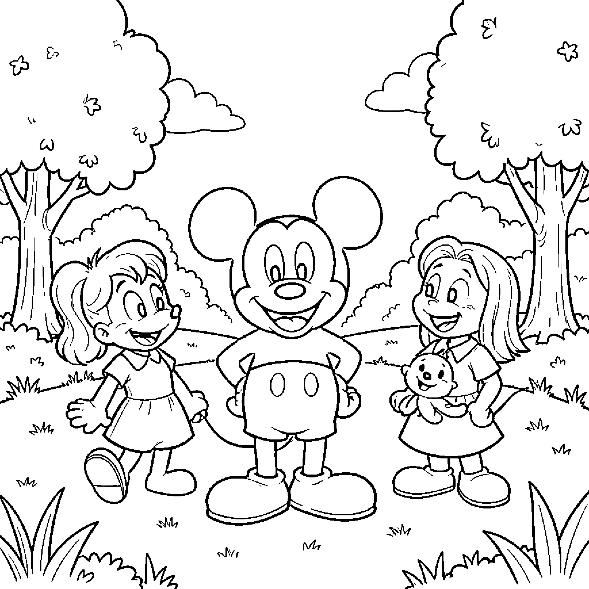 Mickey Mouse standing with two happy young girls Coloring Page (free black-and-white line drawing printable PDF for all, from beginners to advanced learners, including children, teens, adults, and seniors)