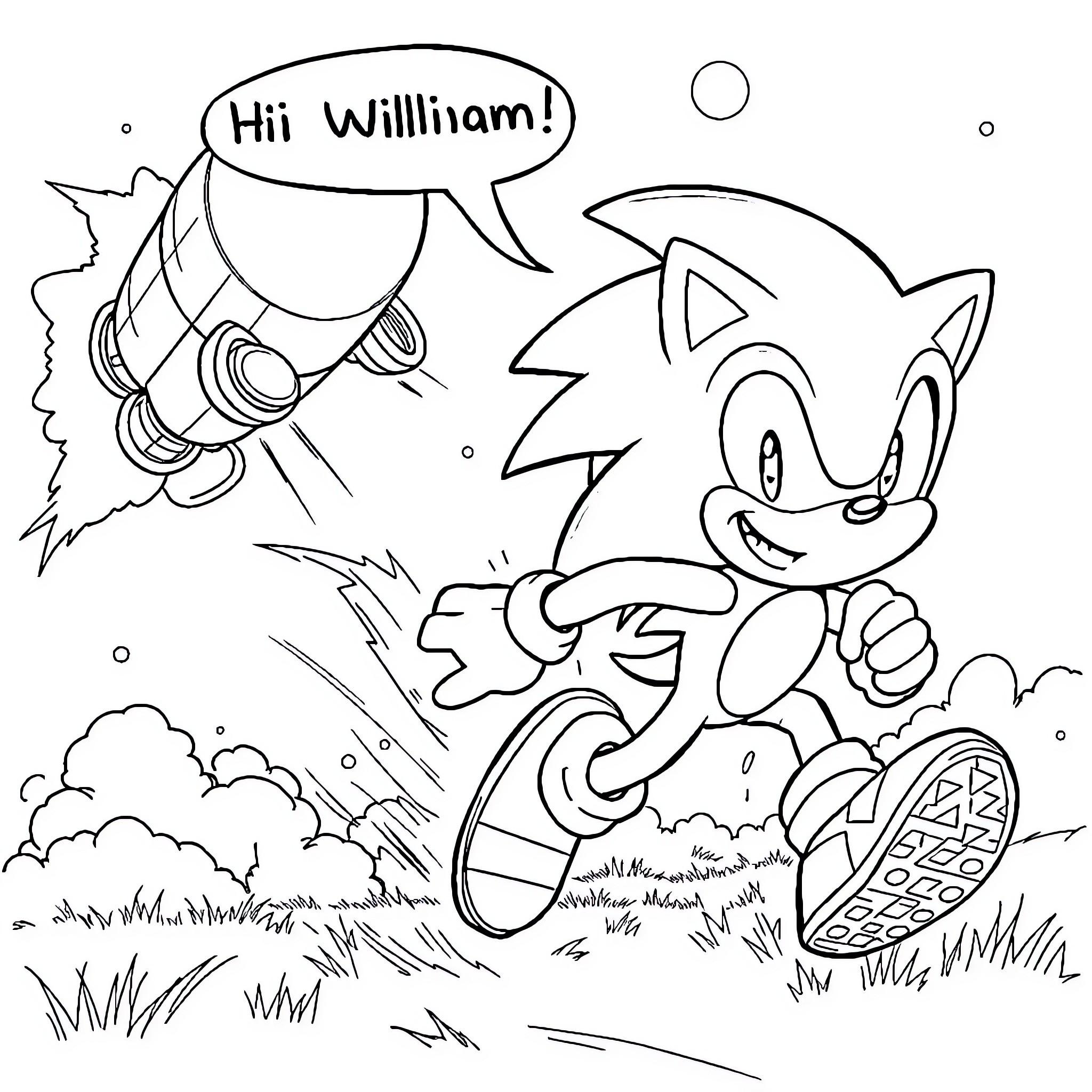 Sonic greets William while running through the field Coloring Page (free black-and-white line drawing printable PDF for all, from beginners to advanced learners, including children, teens, adults, and seniors)