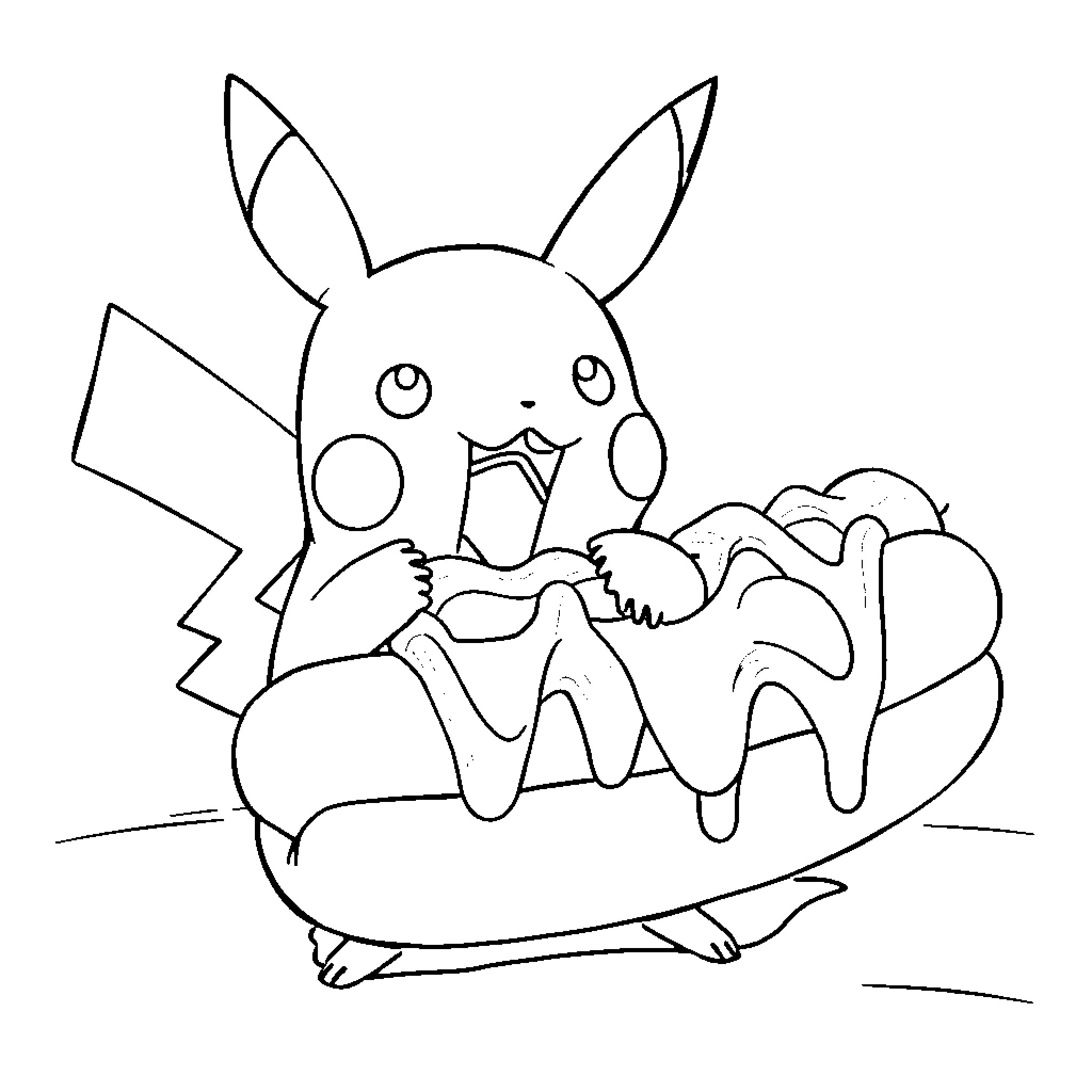 Pikachu resting on a colorful cloud Coloring Page (free black-and-white line drawing printable PDF for all, from beginners to advanced learners, including children, teens, adults, and seniors)