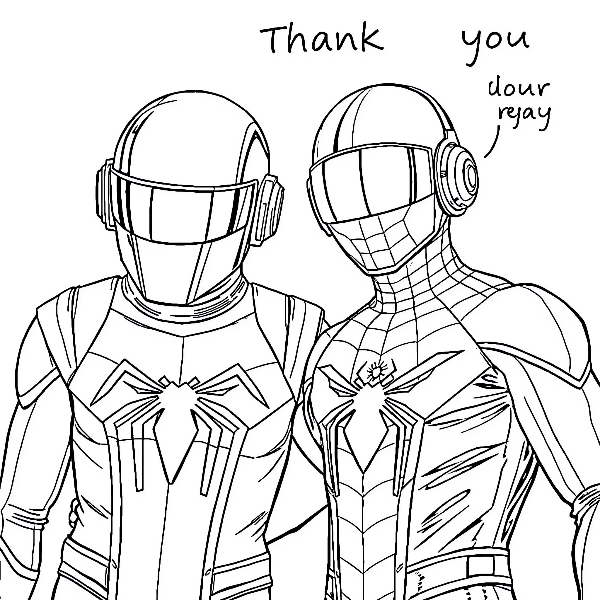 Spider-Man Duo Expressing Gratitude Coloring Page (free black-and-white line drawing printable PDF for all, from beginners to advanced learners, including children, teens, adults, and seniors)