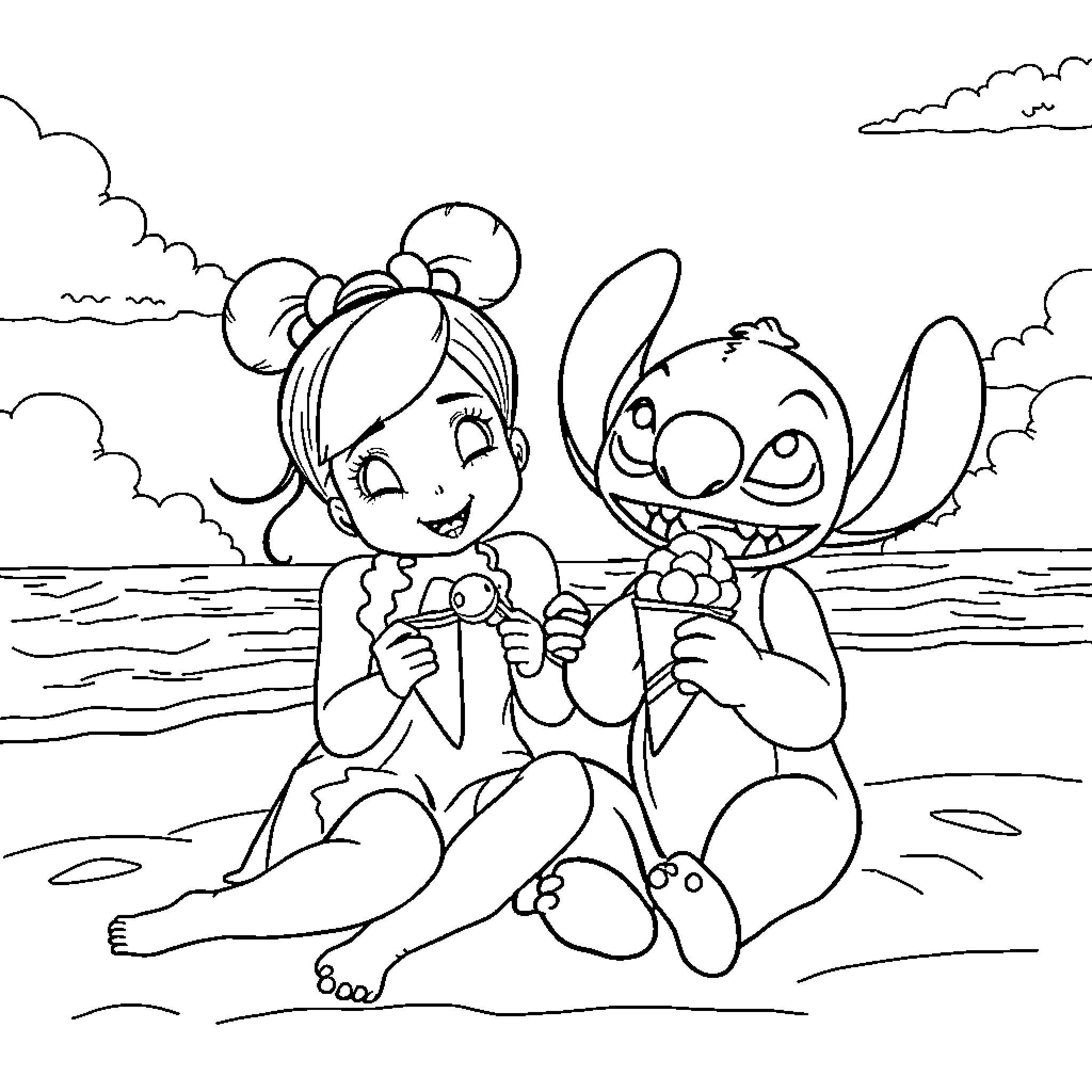 Stitch and girl playing at the beach Coloring Page (free black-and-white line drawing printable PDF for all, from beginners to advanced learners, including children, teens, adults, and seniors)