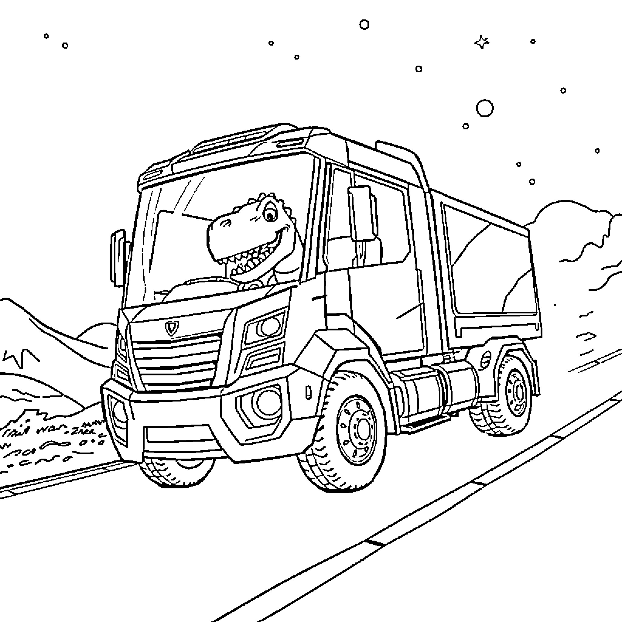 Dino driving a big truck on the road Coloring Page (free black-and-white line drawing printable PDF for all, from beginners to advanced learners, including children, teens, adults, and seniors)