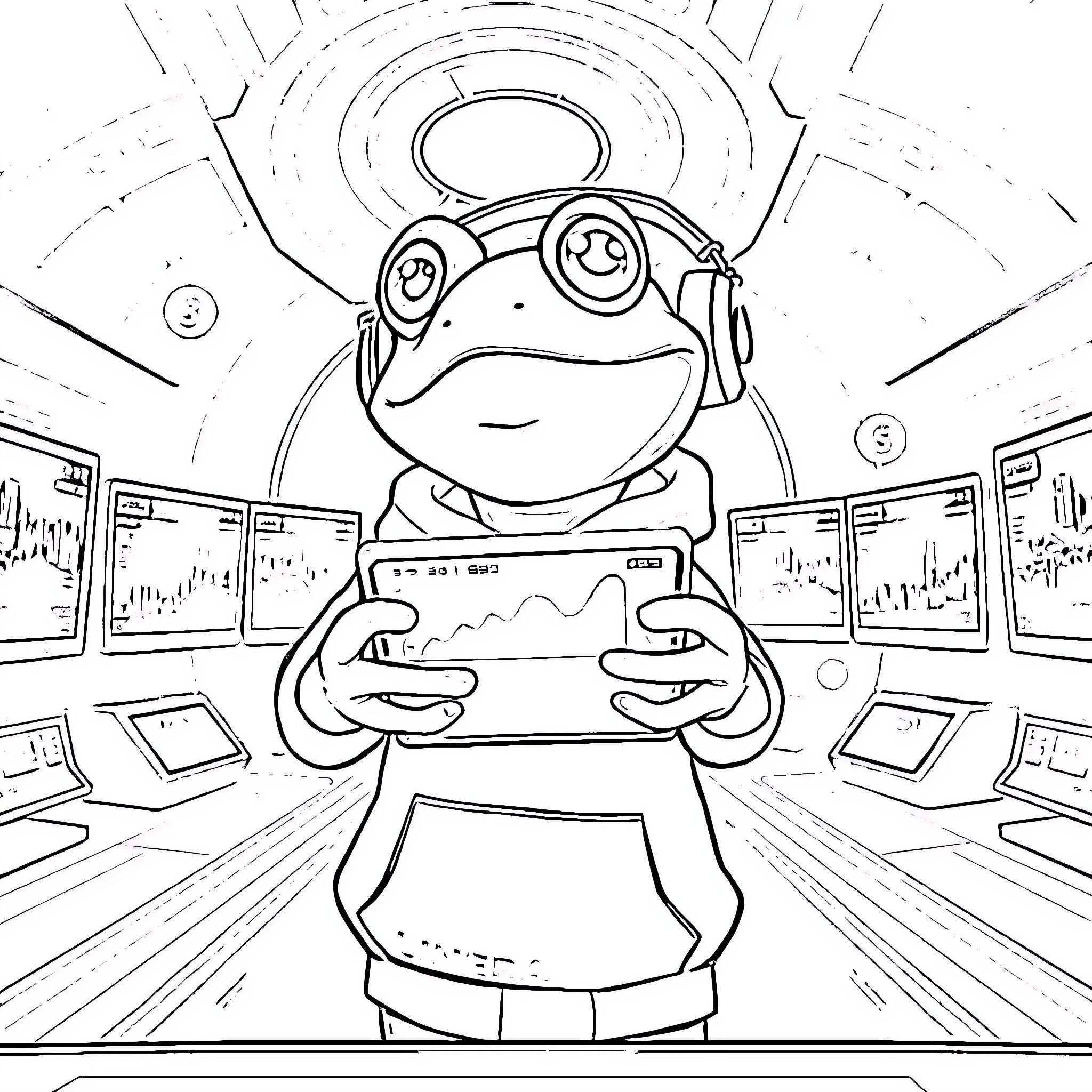 Pepe the Frog playing video games in a high-tech control room Coloring Page (free black-and-white line drawing printable PDF for all, from beginners to advanced learners, including children, teens, adults, and seniors)