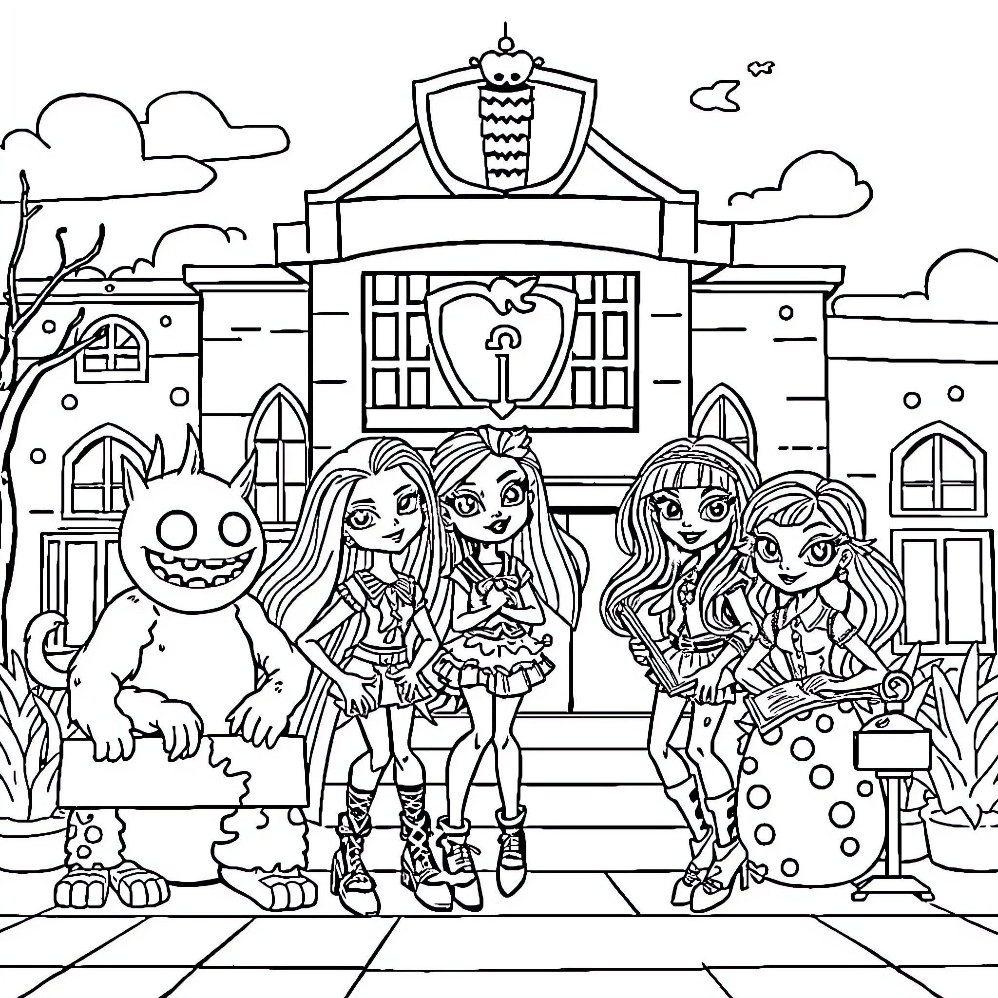 Monster High Friends Enjoying School Festivities Coloring Page (free black-and-white line drawing printable PDF for all, from beginners to advanced learners, including children, teens, adults, and seniors)
