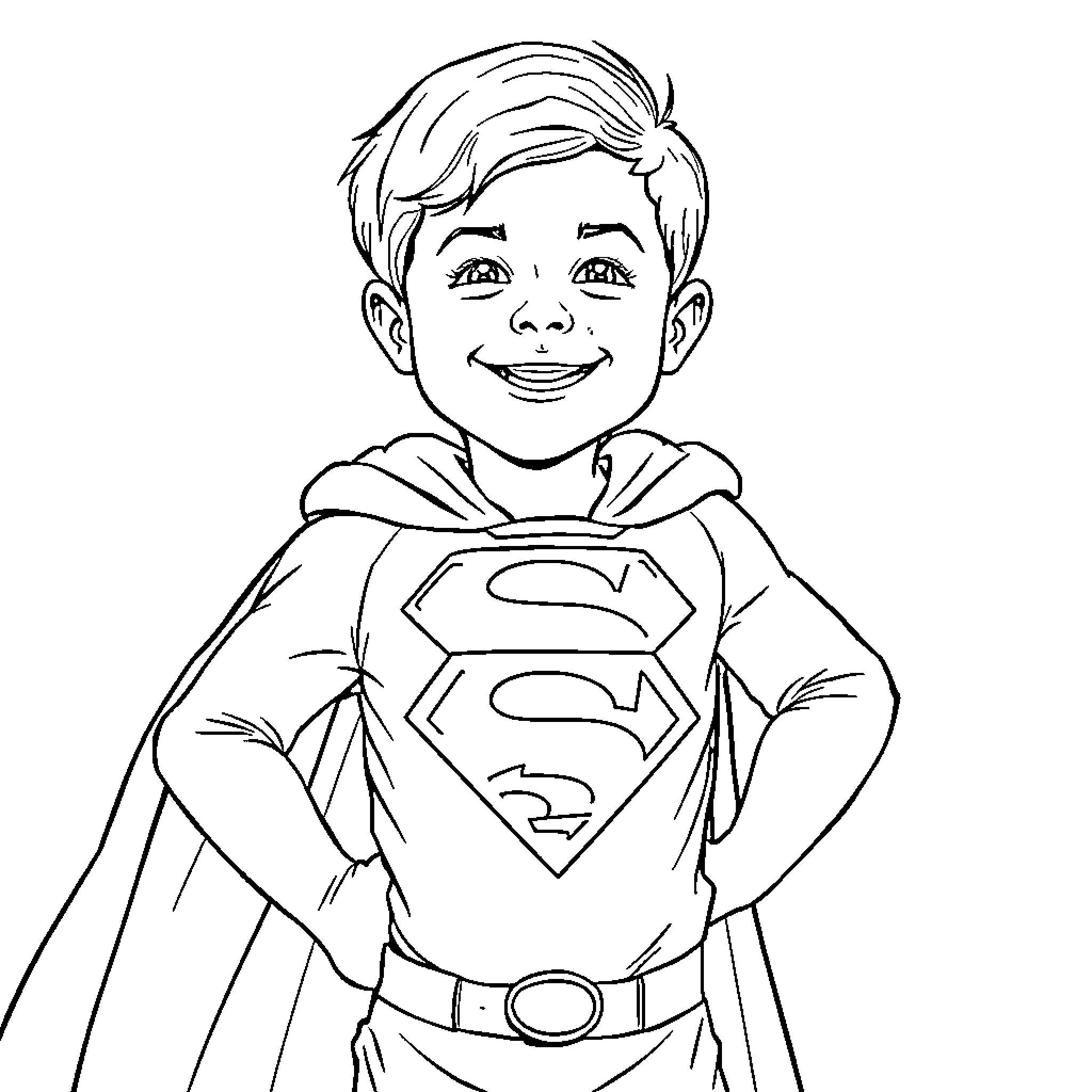 Superman Smiling in Heroic Costume Coloring Page (free black-and-white line drawing printable PDF for all, from beginners to advanced learners, including children, teens, adults, and seniors)