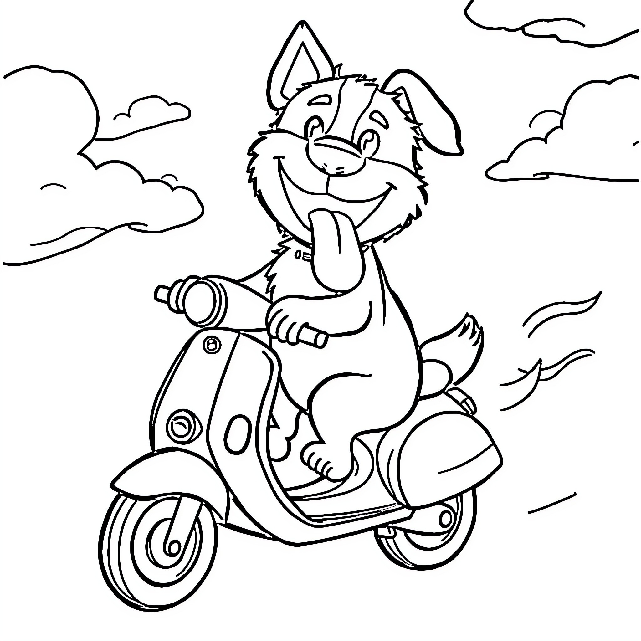 Dog riding scooter in the sky Coloring Page (free black-and-white line drawing printable PDF for all, from beginners to advanced learners, including children, teens, adults, and seniors)