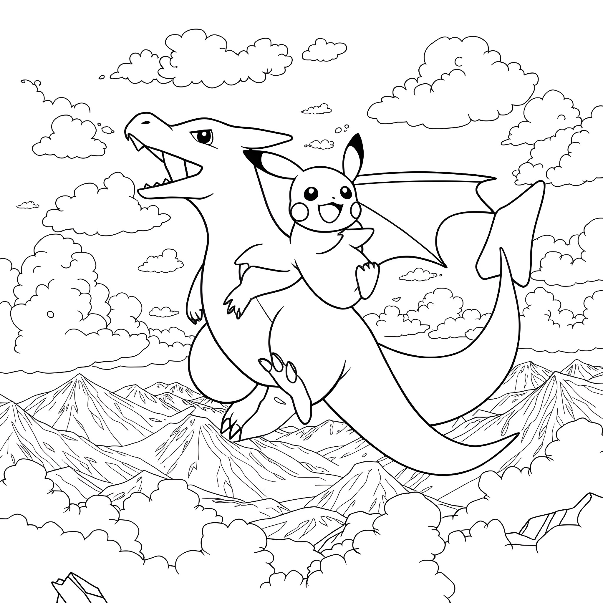 Pikachu riding a dragon in the sky Coloring Page (free black-and-white line drawing printable PDF for all, from beginners to advanced learners, including children, teens, adults, and seniors)