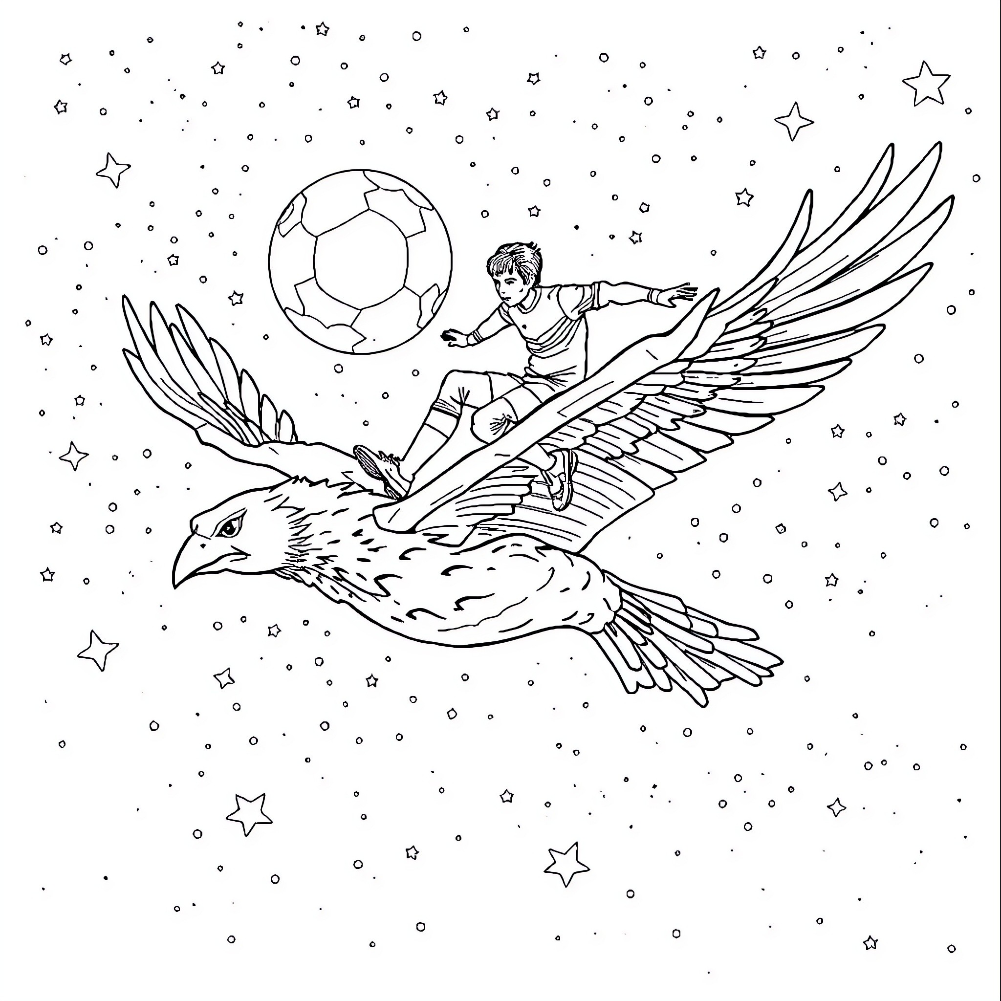 Jugador de Fútbol riding on a magical bird in the starry night sky Coloring Page (free black-and-white line drawing printable PDF for all, from beginners to advanced learners, including children, teens, adults, and seniors)