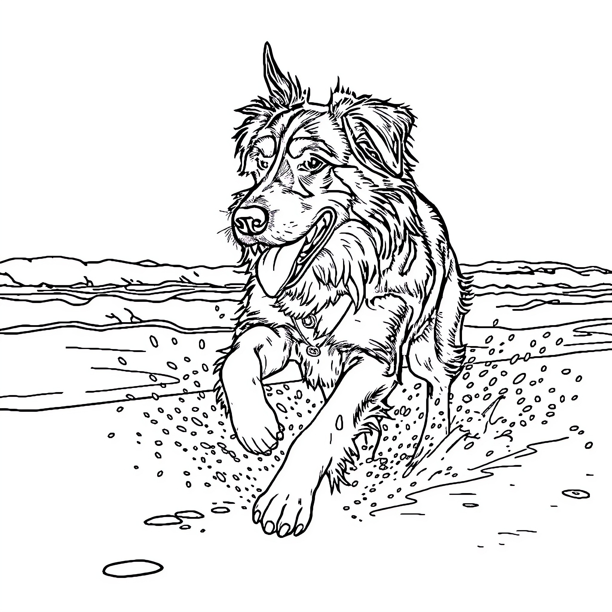 German Shepherd playing joyfully on the beach Coloring Page (free black-and-white line drawing printable PDF for all, from beginners to advanced learners, including children, teens, adults, and seniors)