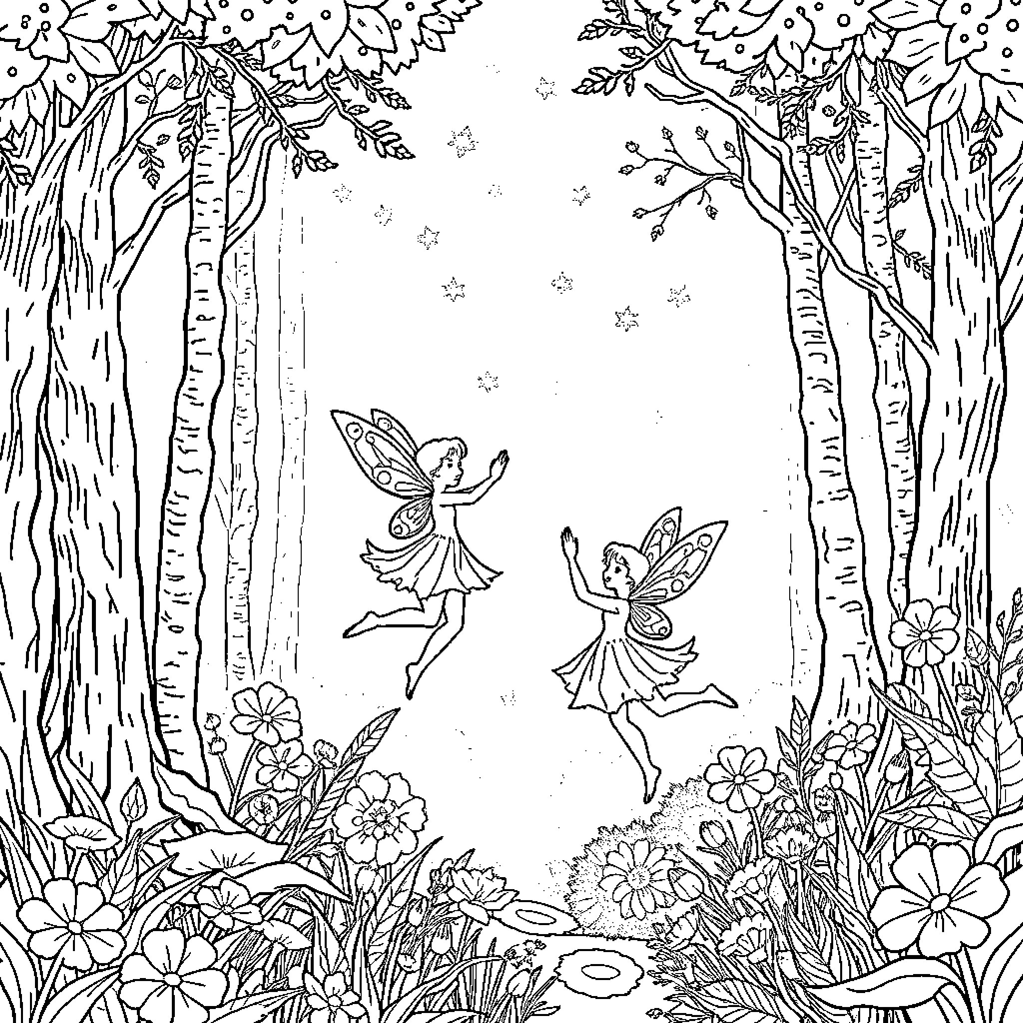 Fairy Creatures Dancing in Enchanted Forest Coloring Page (free black-and-white line drawing printable PDF for all, from beginners to advanced learners, including children, teens, adults, and seniors)