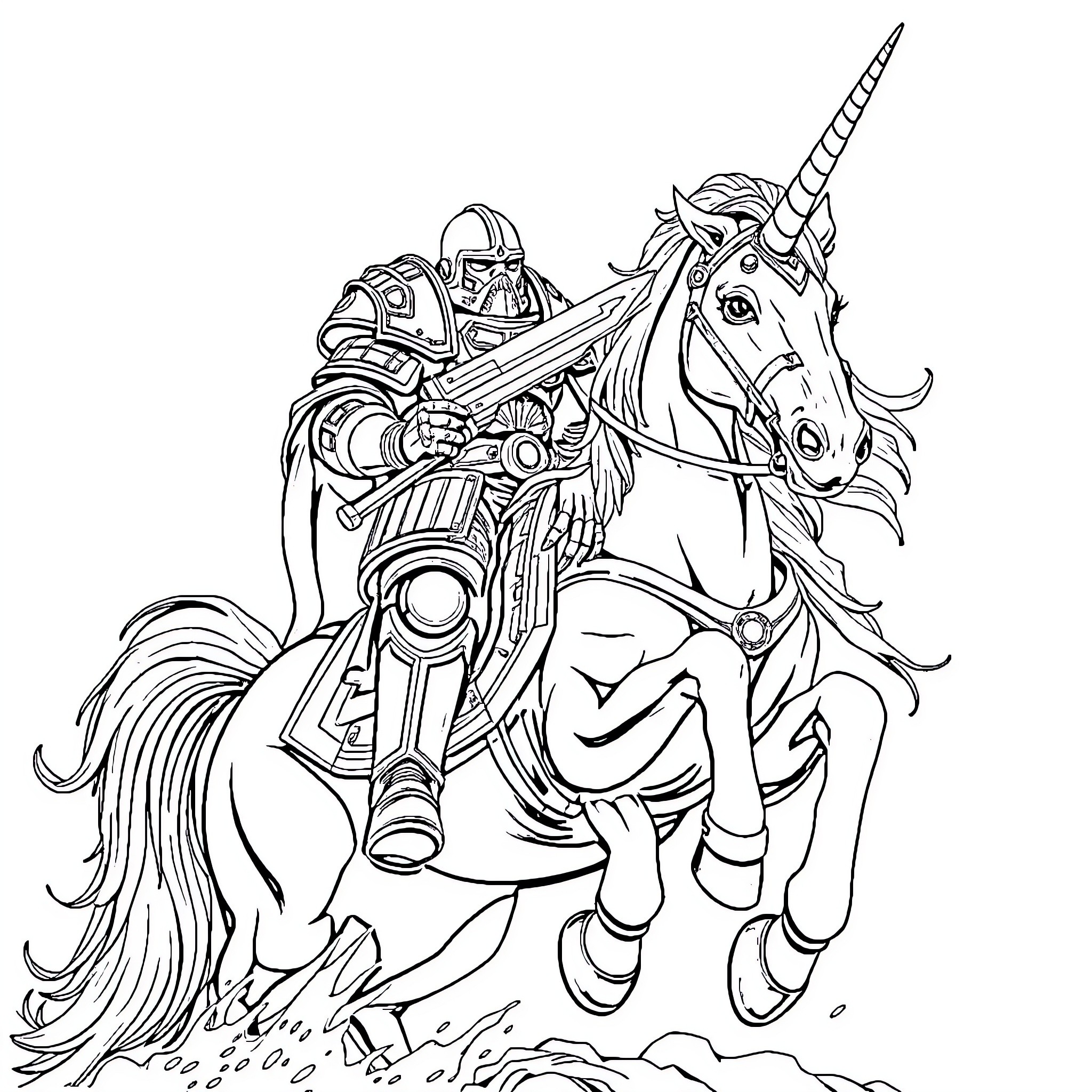 Space Marine Riding a Unicorn into Battle Coloring Page (free black-and-white line drawing printable PDF for all, from beginners to advanced learners, including children, teens, adults, and seniors)