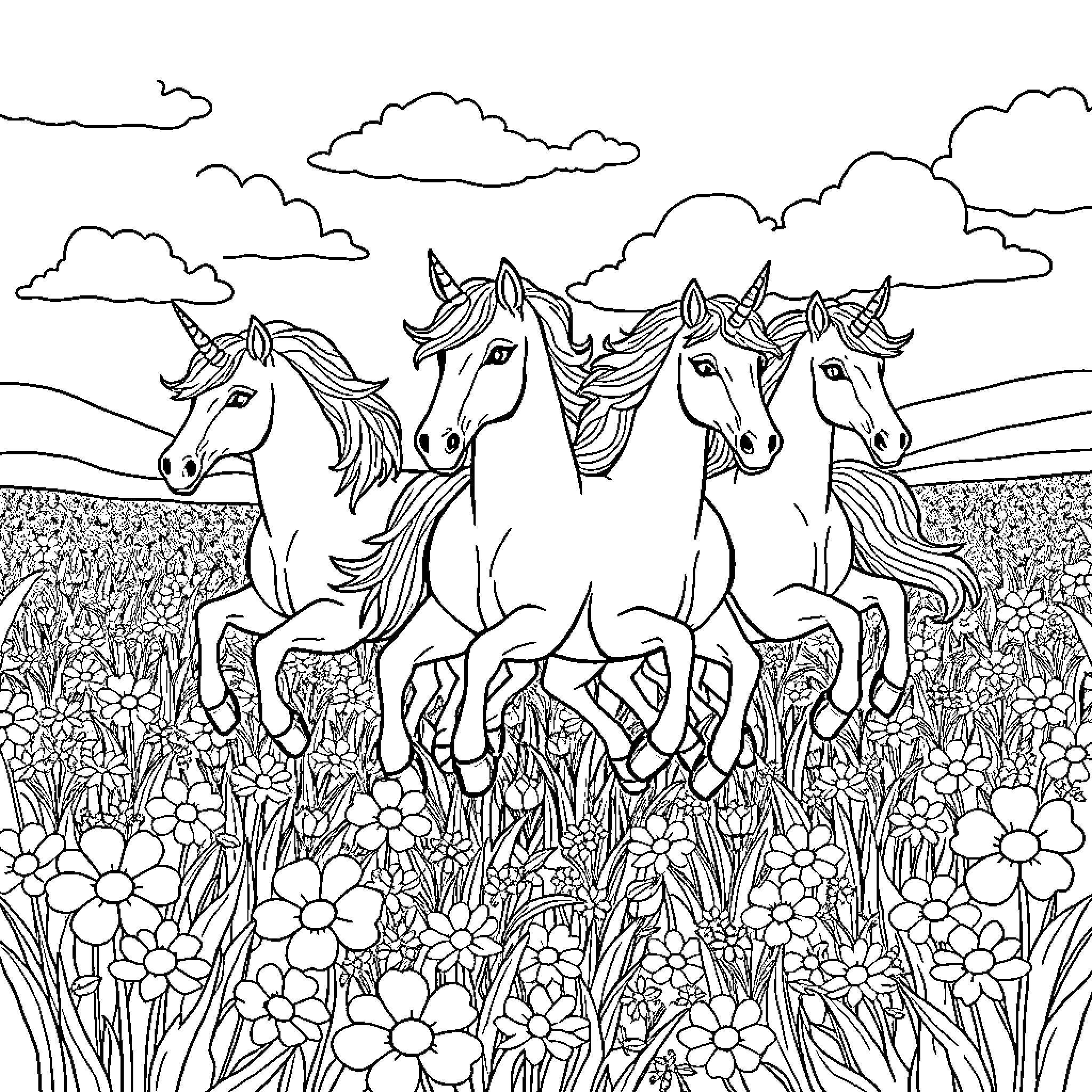 Unicorn Herd Galloping Through Blooming Meadow Coloring Page (free black-and-white line drawing printable PDF for all, from beginners to advanced learners, including children, teens, adults, and seniors)