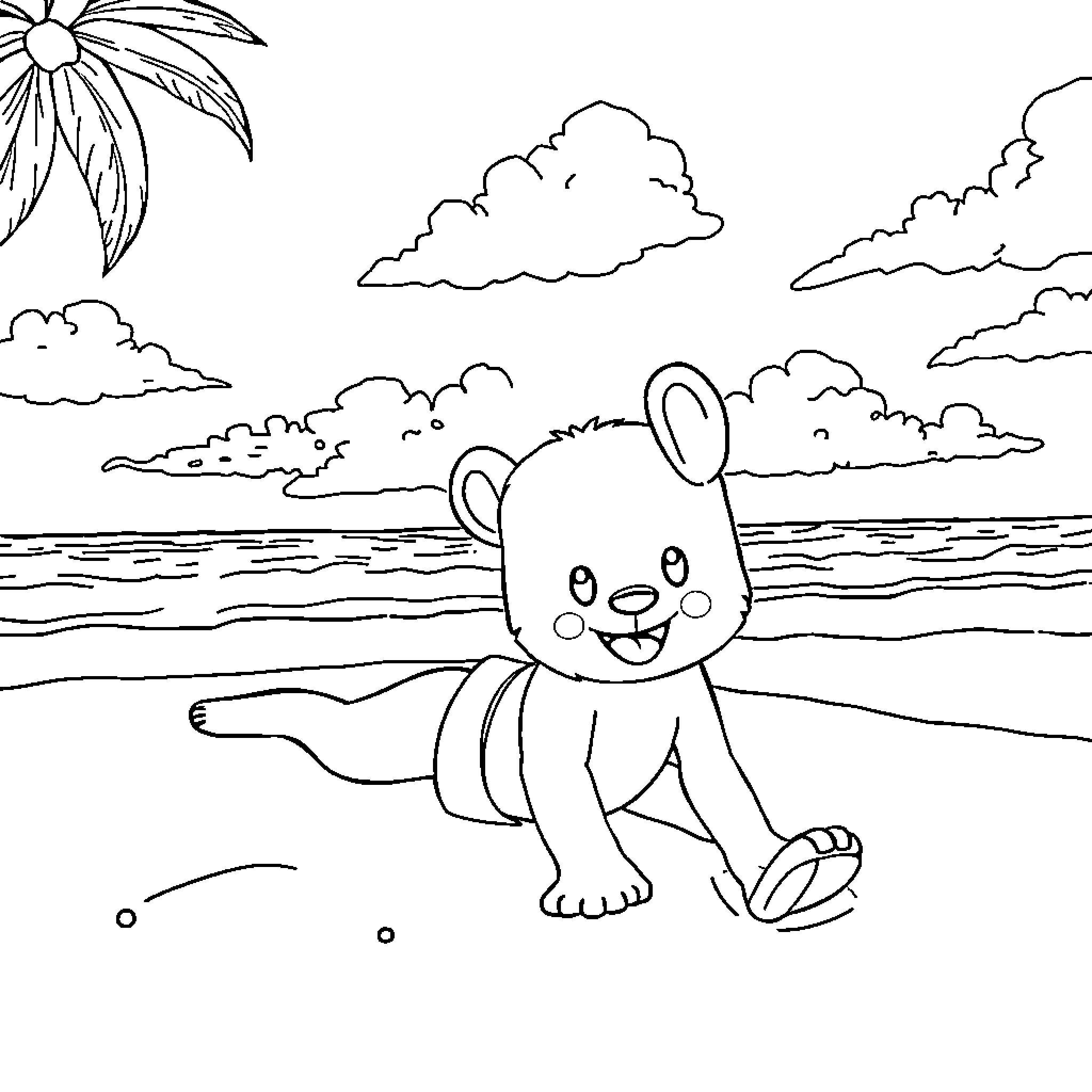Bluey playing happily on the beach Coloring Page (free black-and-white line drawing printable PDF for all, from beginners to advanced learners, including children, teens, adults, and seniors)