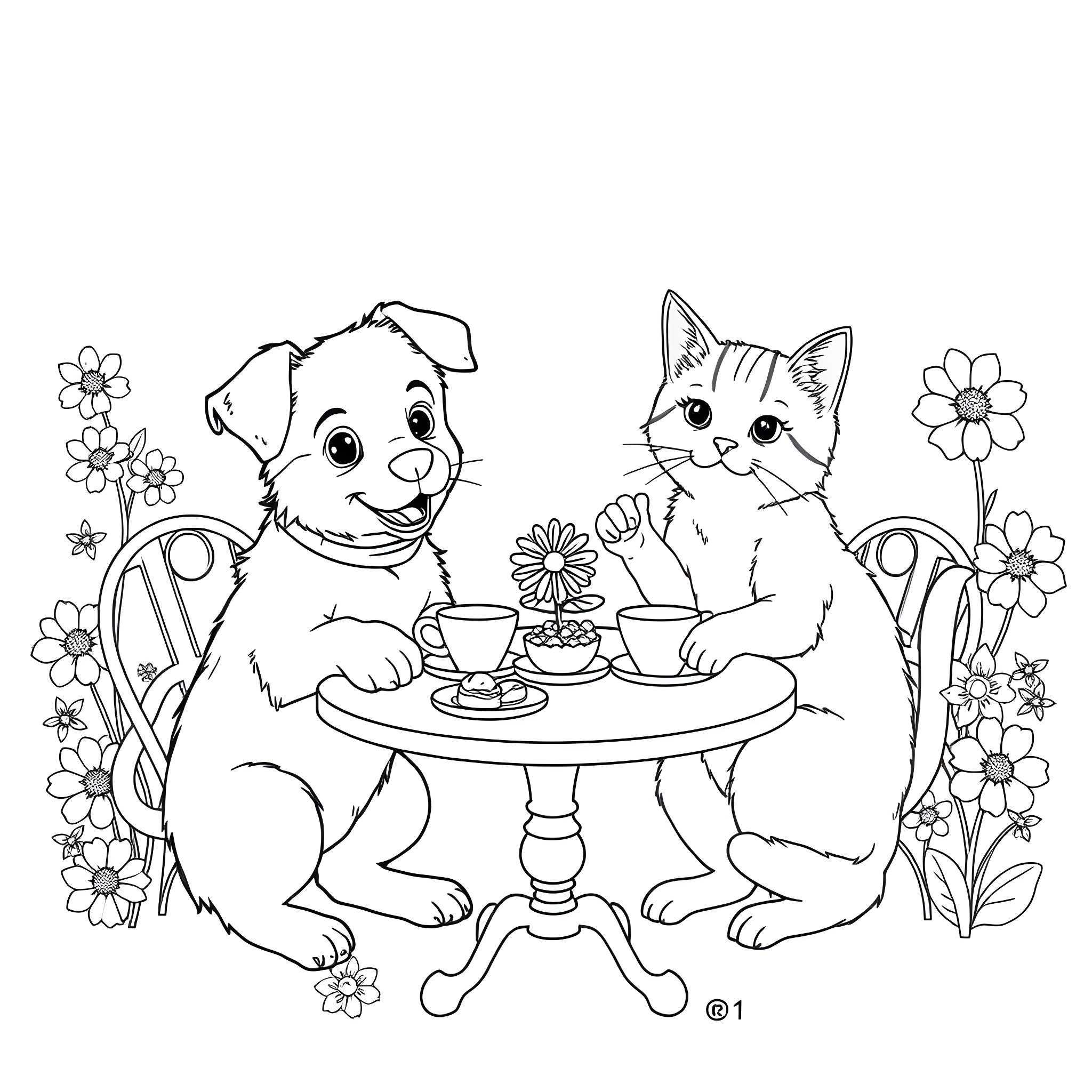 Dog and cat having tea in the garden Coloring Page (free black-and-white line drawing printable PDF for all, from beginners to advanced learners, including children, teens, adults, and seniors)