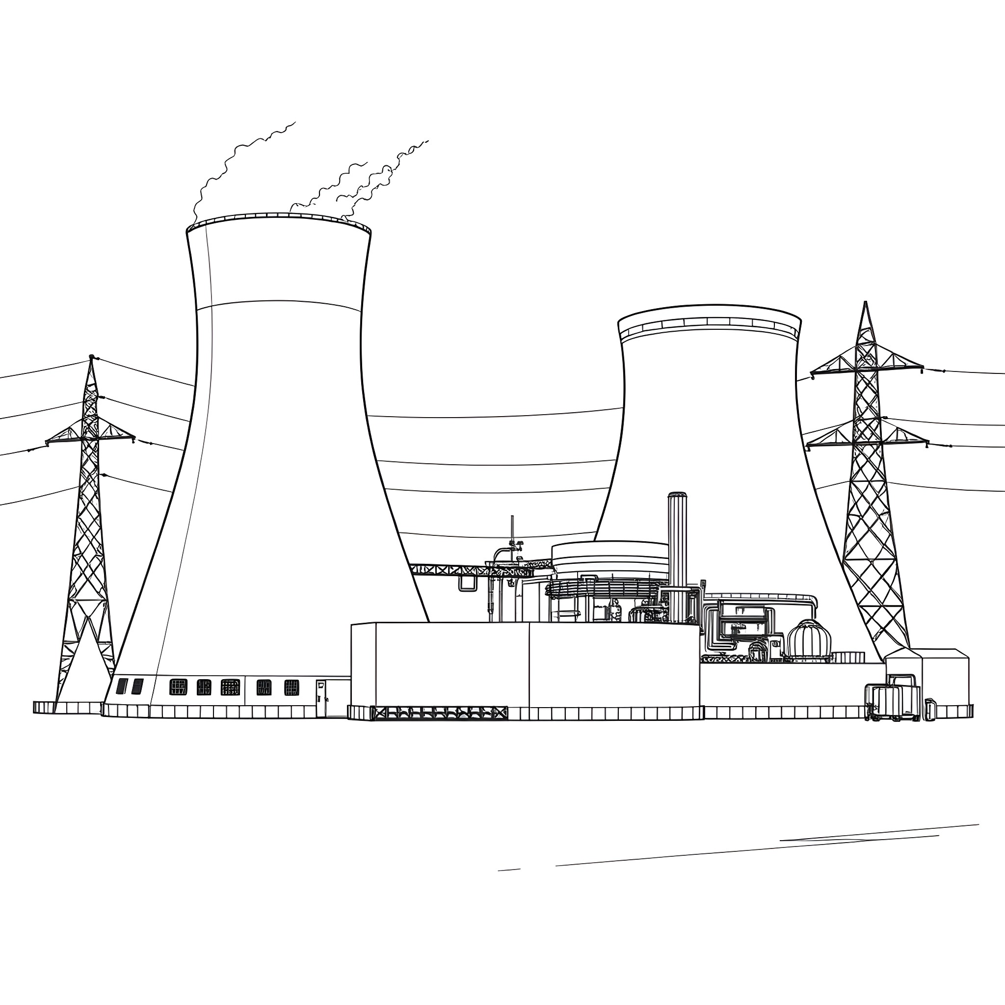 Nuclear Reactor Facility with Cooling Towers and Power Lines Coloring Page (free black-and-white line drawing printable PDF for all, from beginners to advanced learners, including children, teens, adults, and seniors)