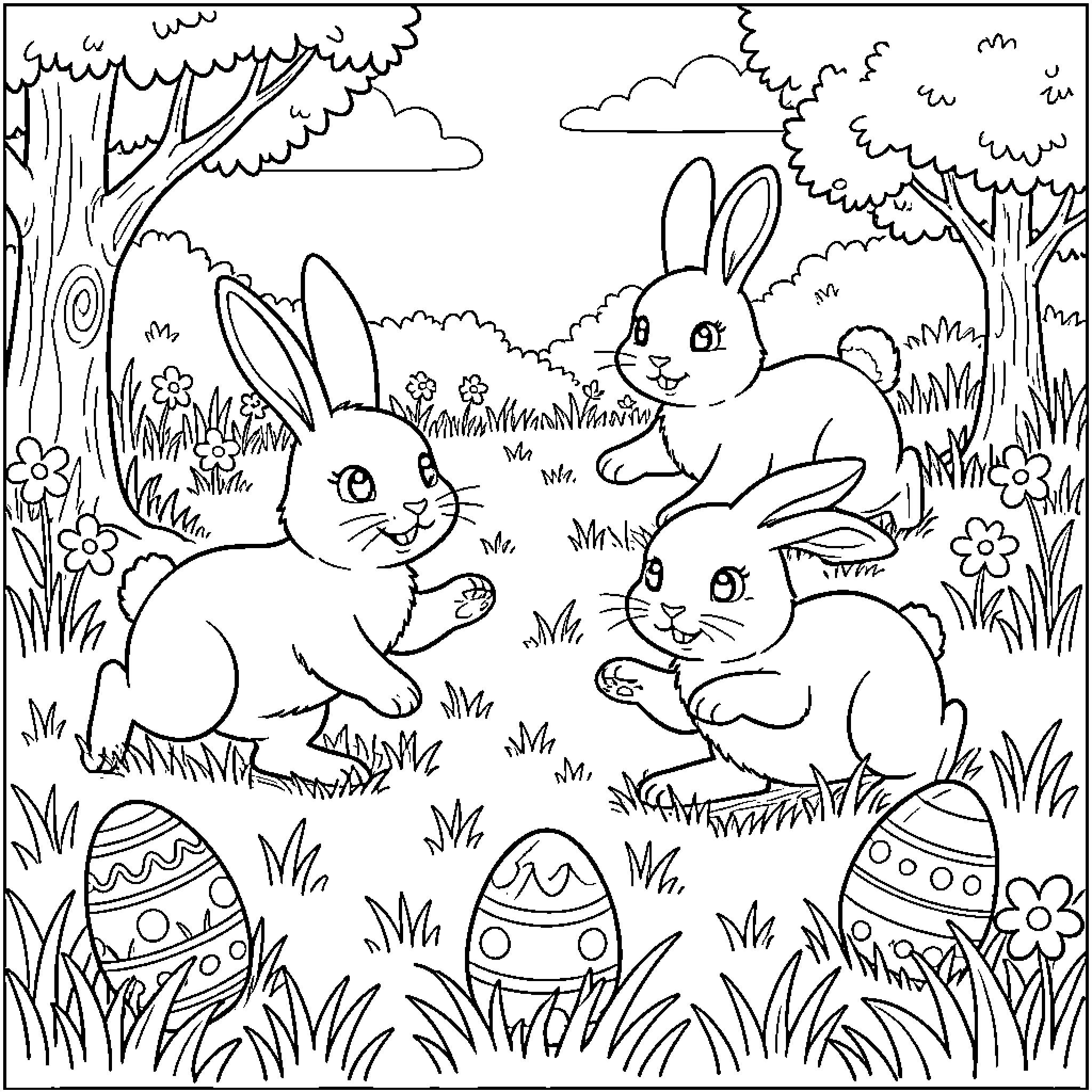 Easter Bunnies Playing in the Springtime Meadow Coloring Page (free black-and-white line drawing printable PDF for all, from beginners to advanced learners, including children, teens, adults, and seniors)
