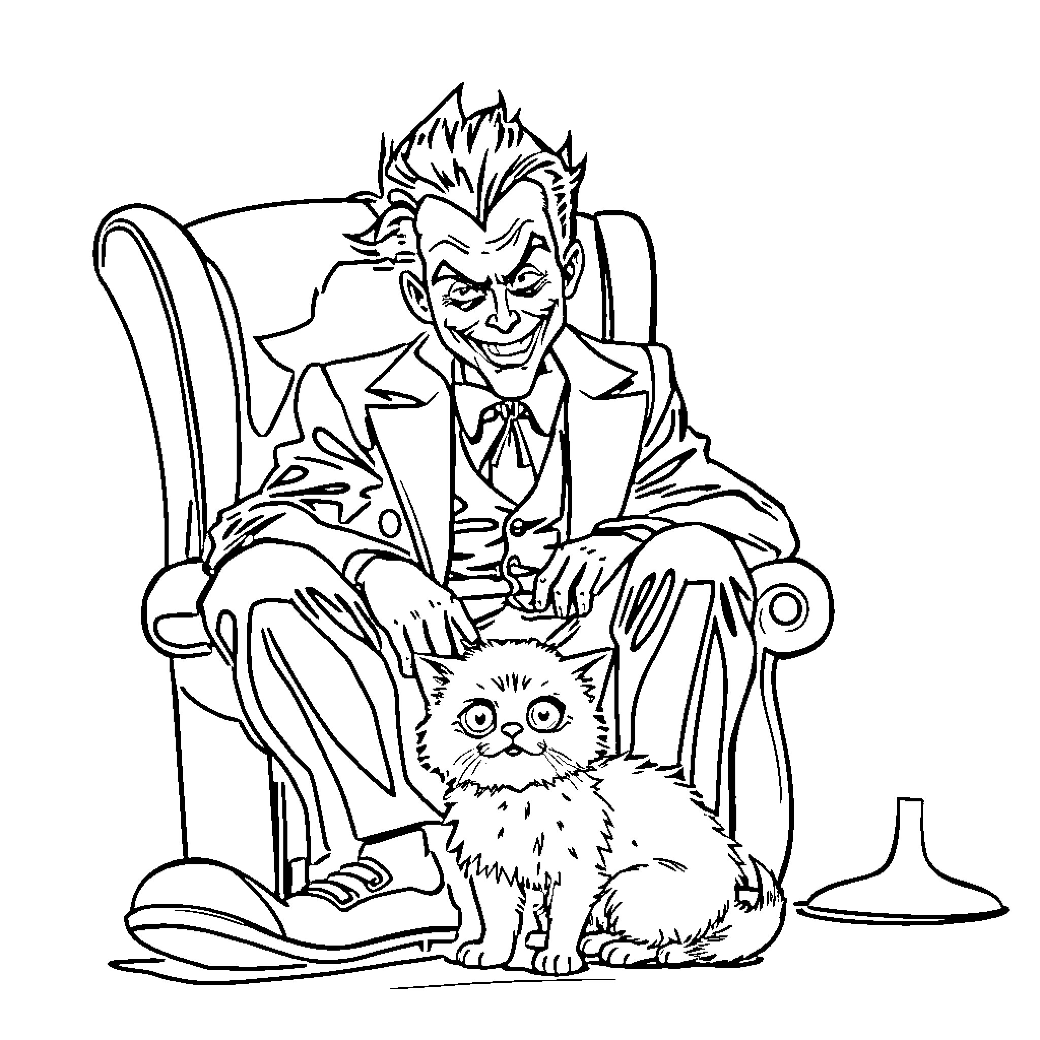 Joker with his mischievous pet Coloring Page (free black-and-white line drawing printable PDF for all, from beginners to advanced learners, including children, teens, adults, and seniors)