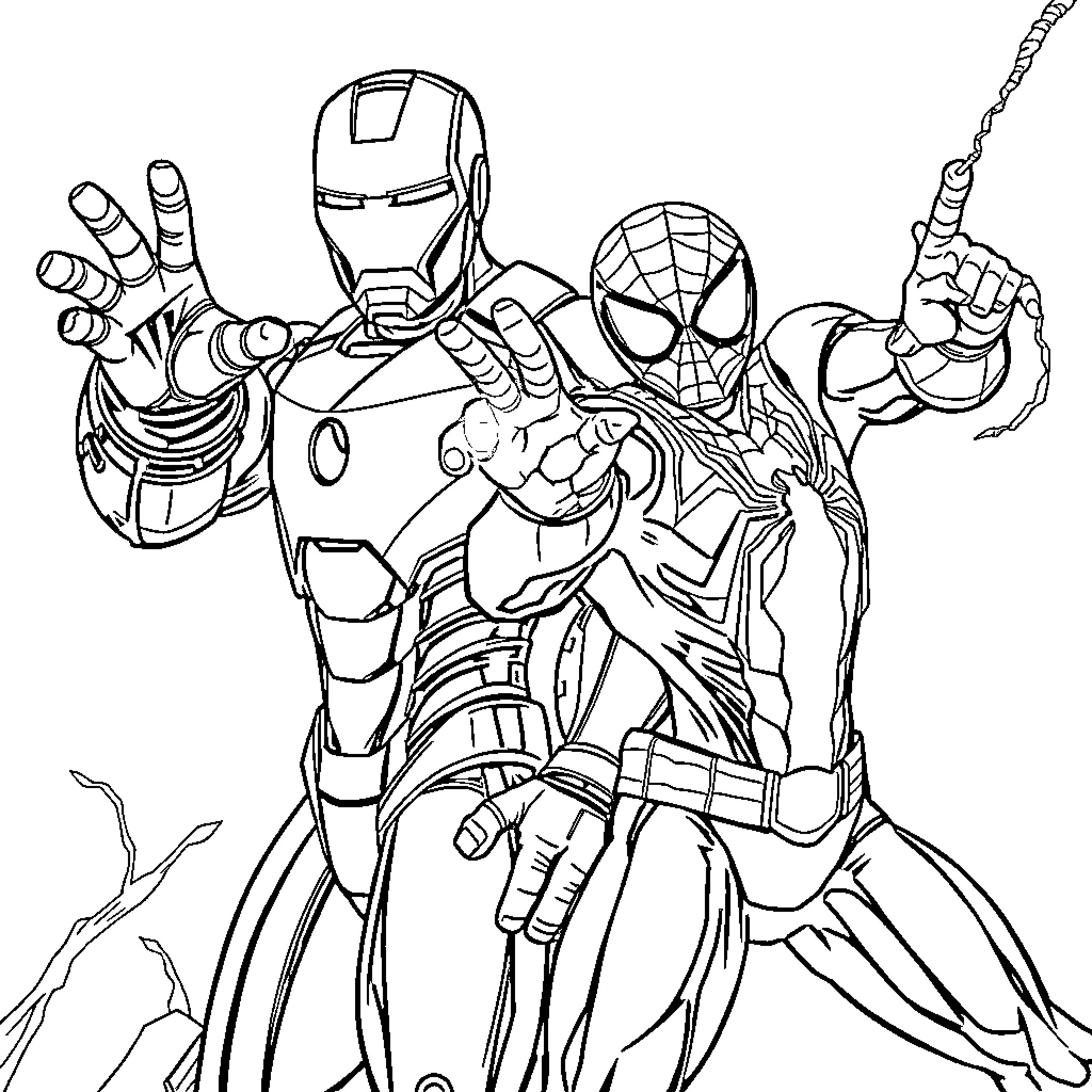 Ironman and Spiderman fighting together Coloring Page (free black-and-white line drawing printable PDF for all, from beginners to advanced learners, including children, teens, adults, and seniors)