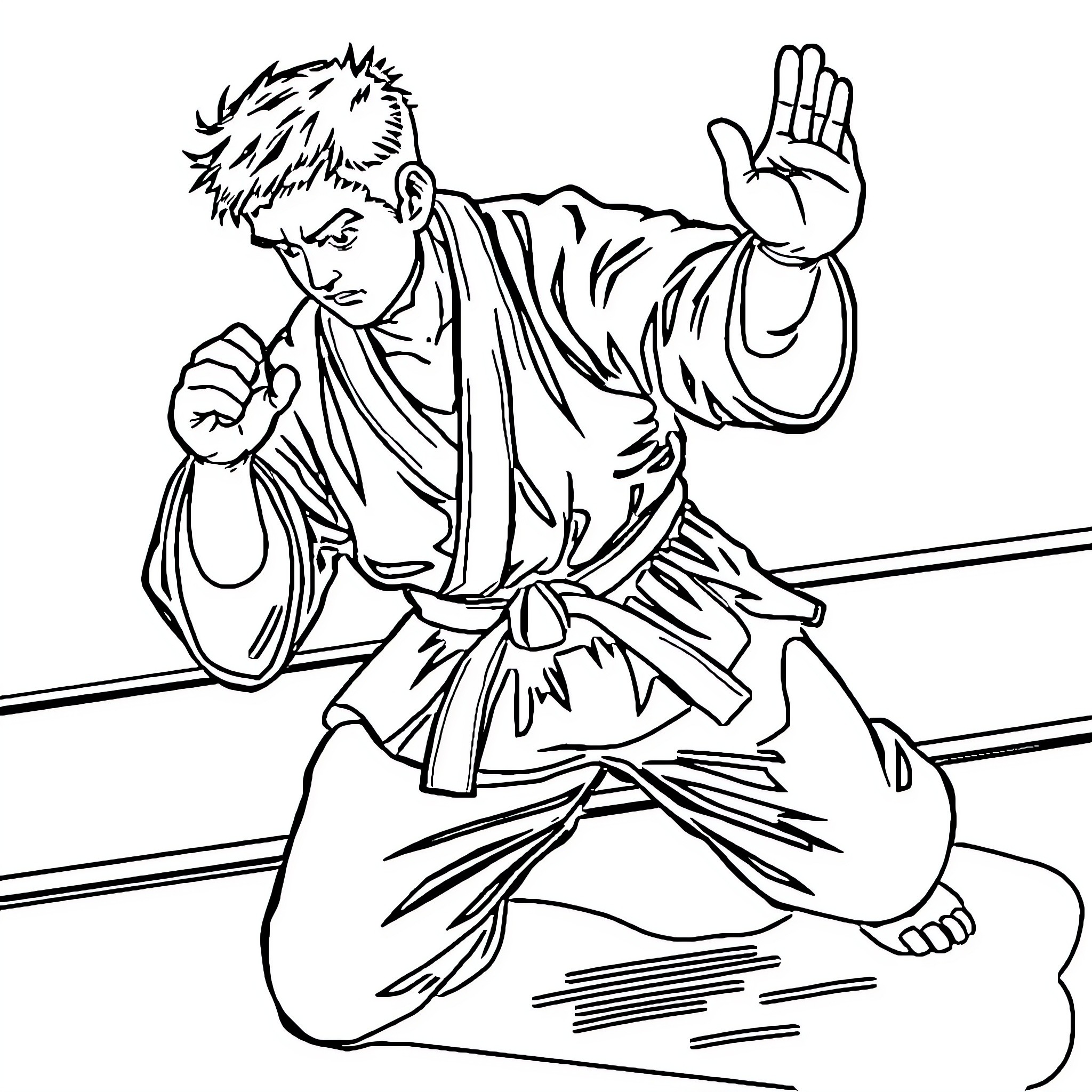 Switch Martial Arts Action Pose Coloring Page (free black-and-white line drawing printable PDF for all, from beginners to advanced learners, including children, teens, adults, and seniors)