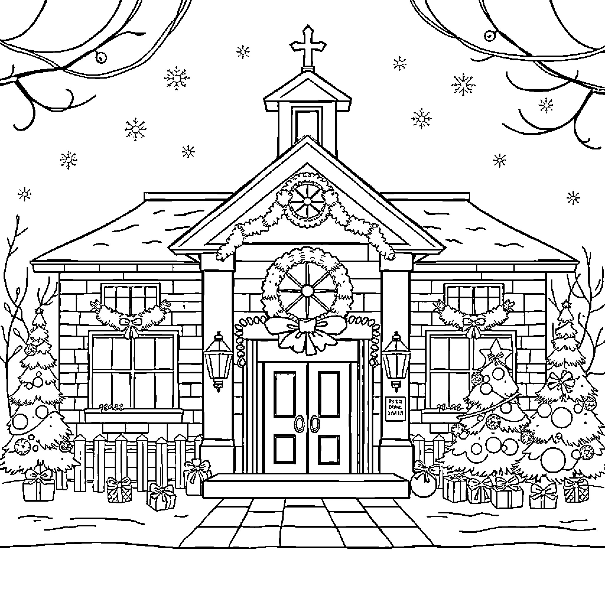 Christmas scene of a decorated church building Coloring Page (free black-and-white line drawing printable PDF for all, from beginners to advanced learners, including children, teens, adults, and seniors)
