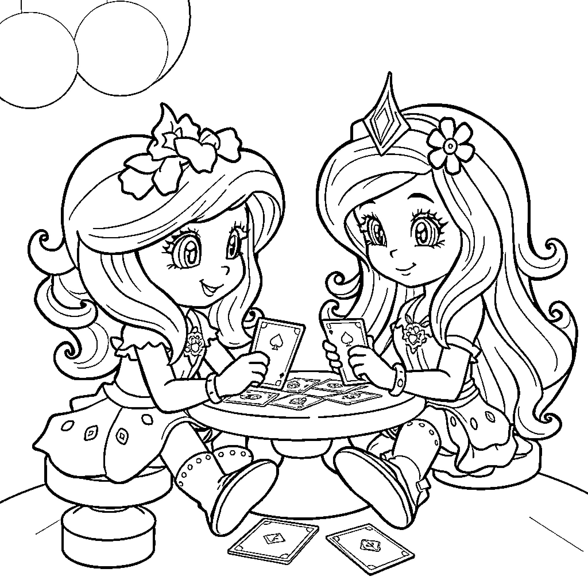 Strawberry Shortcake friends playing card games Coloring Page (free black-and-white line drawing printable PDF for all, from beginners to advanced learners, including children, teens, adults, and seniors)