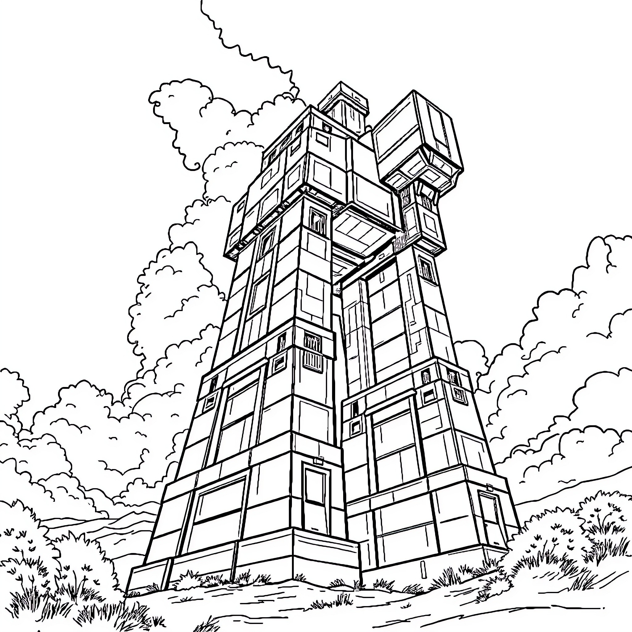 Giant Futuristic Skyscraper in Cloudy Landscape Coloring Page (free black-and-white line drawing printable PDF for all, from beginners to advanced learners, including children, teens, adults, and seniors)