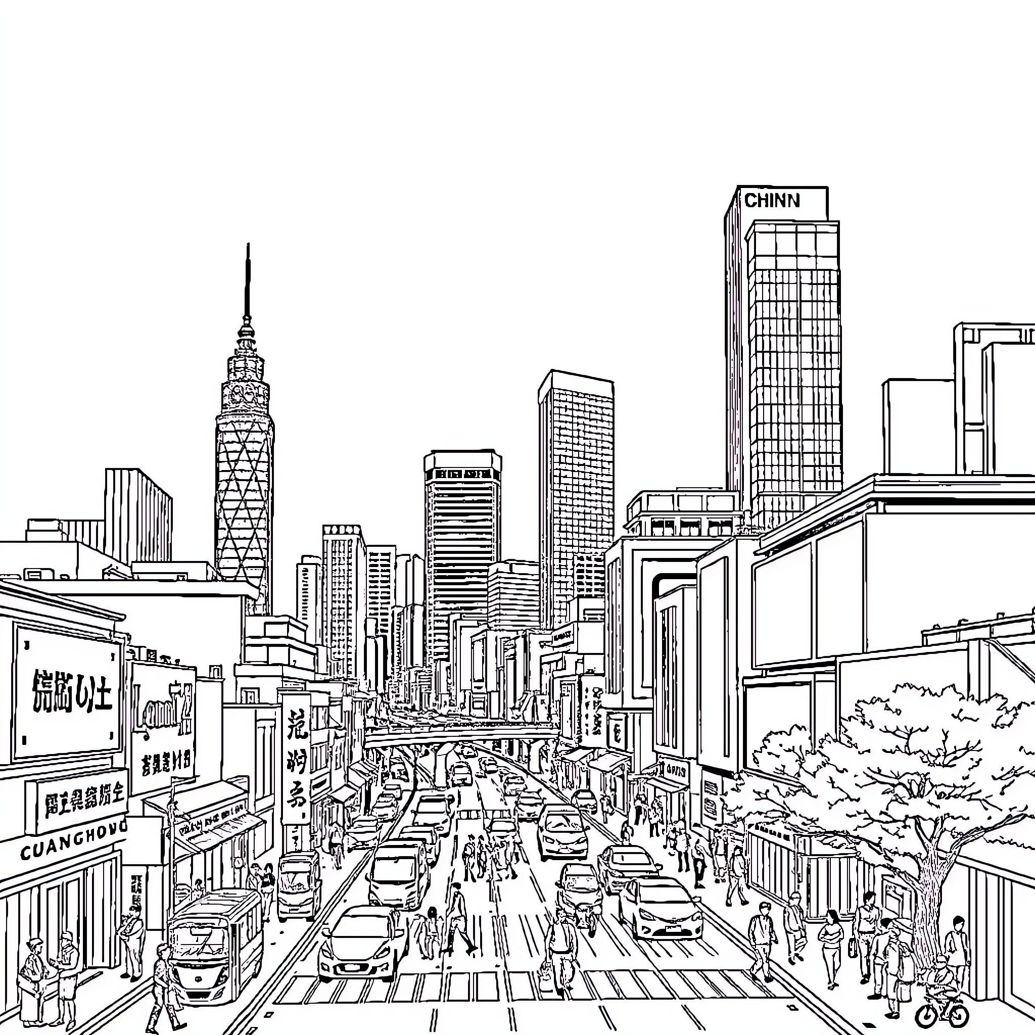 Guangzhou bustling cityscape with skyscrapers and street activity Coloring Page (free black-and-white line drawing printable PDF for all, from beginners to advanced learners, including children, teens, adults, and seniors)