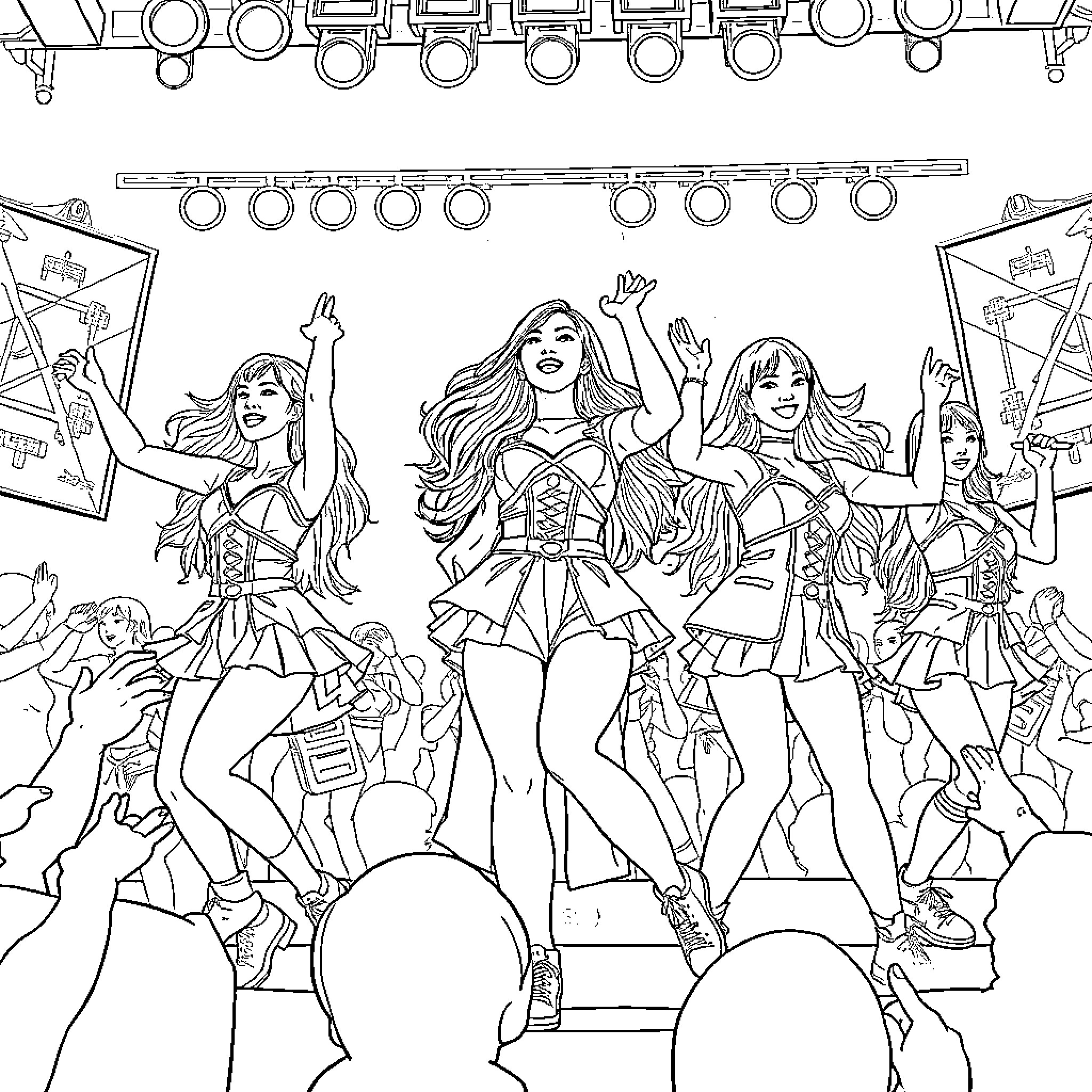 K Pop Warrior Performers on Stage with Energetic Expressions Coloring Page (free black-and-white line drawing printable PDF for all, from beginners to advanced learners, including children, teens, adults, and seniors)