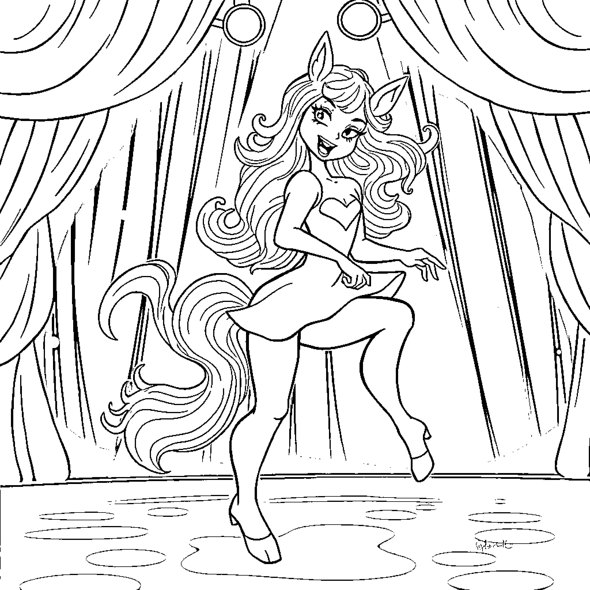 Huntrix Performing on Stage Coloring Page (free black-and-white line drawing printable PDF for all, from beginners to advanced learners, including children, teens, adults, and seniors)