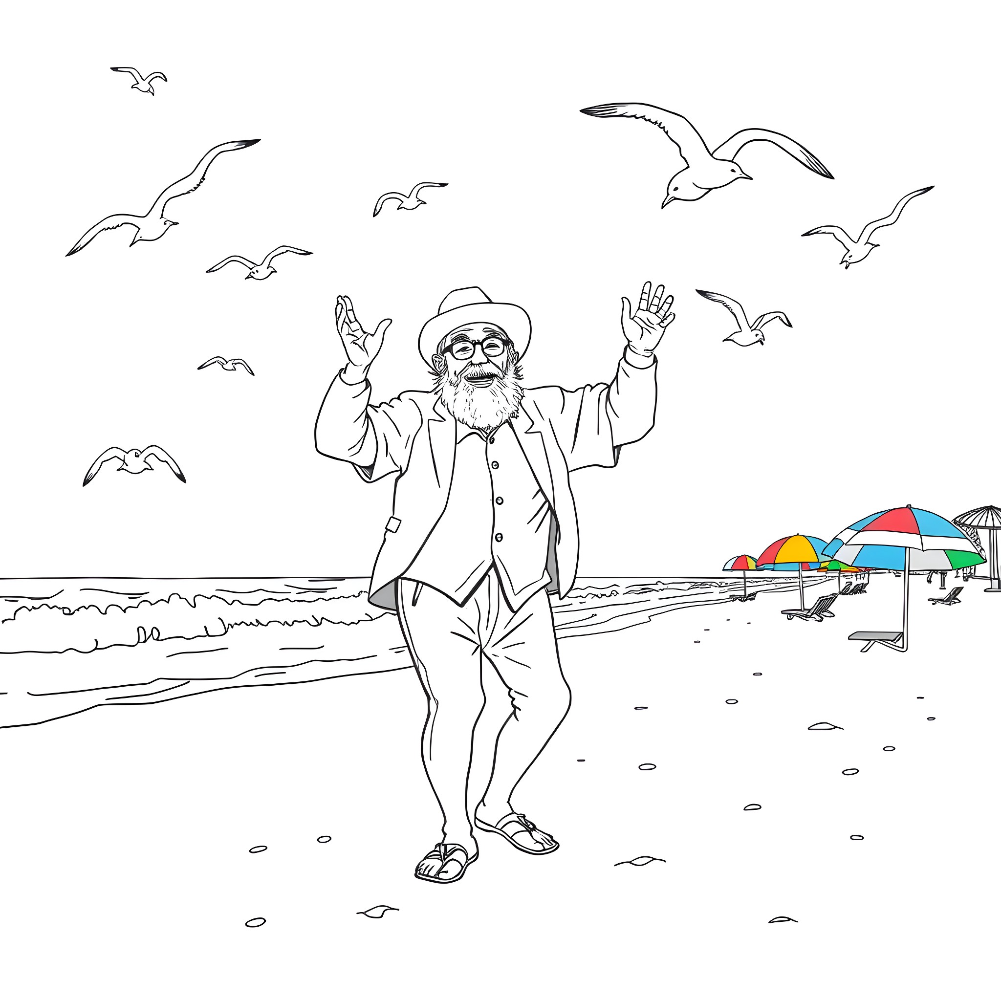 Uncle Grandpa dancing joyfully on the beach Coloring Page (free black-and-white line drawing printable PDF for all, from beginners to advanced learners, including children, teens, adults, and seniors)