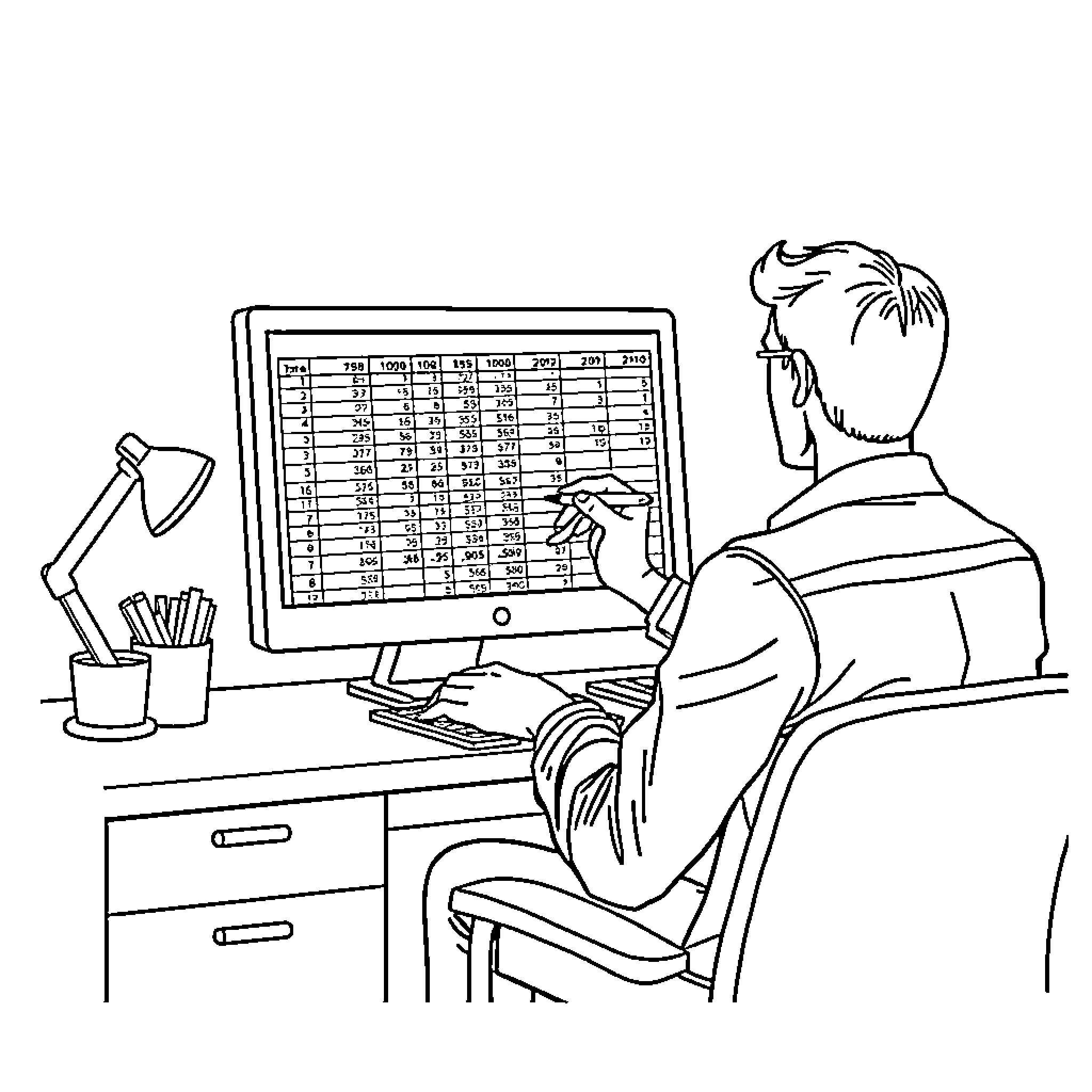 Finance professional reviewing financial data on computer Coloring Page (free black-and-white line drawing printable PDF for all, from beginners to advanced learners, including children, teens, adults, and seniors)