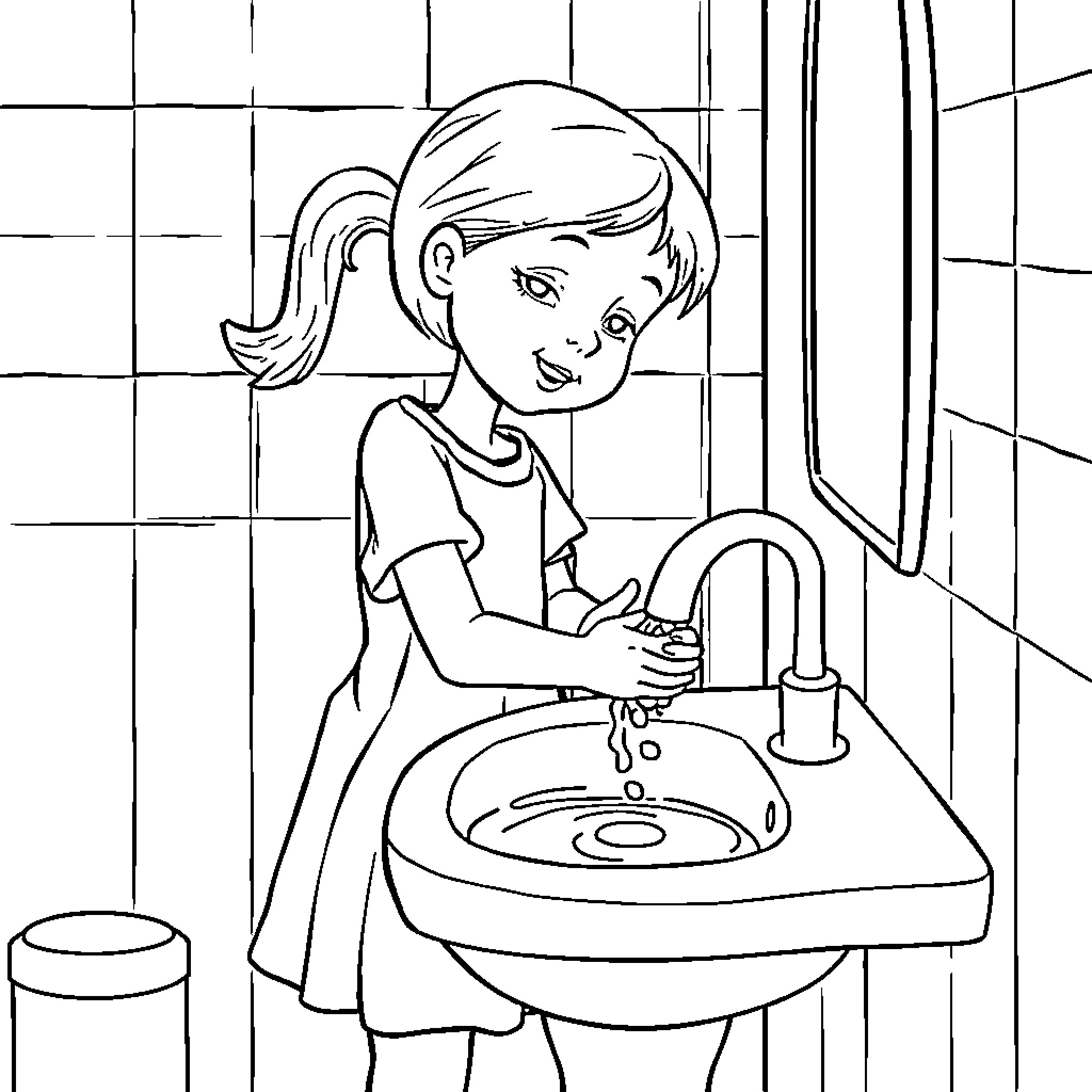Girl washing hands in the bathroom sink Coloring Page (free black-and-white line drawing printable PDF for all, from beginners to advanced learners, including children, teens, adults, and seniors)