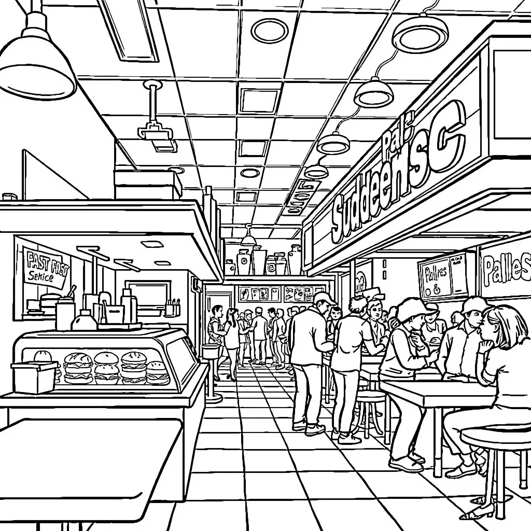 Pals Sudden Service: Bustling Diner with Diverse Patrons Coloring Page (free black-and-white line drawing printable PDF for all, from beginners to advanced learners, including children, teens, adults, and seniors)
