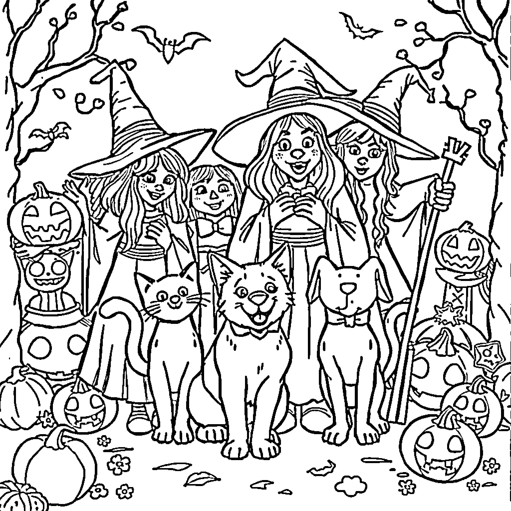 Cat and Dog Trick-or-Treating with Witches in the Forest Coloring Page (free black-and-white line drawing printable PDF for all, from beginners to advanced learners, including children, teens, adults, and seniors)