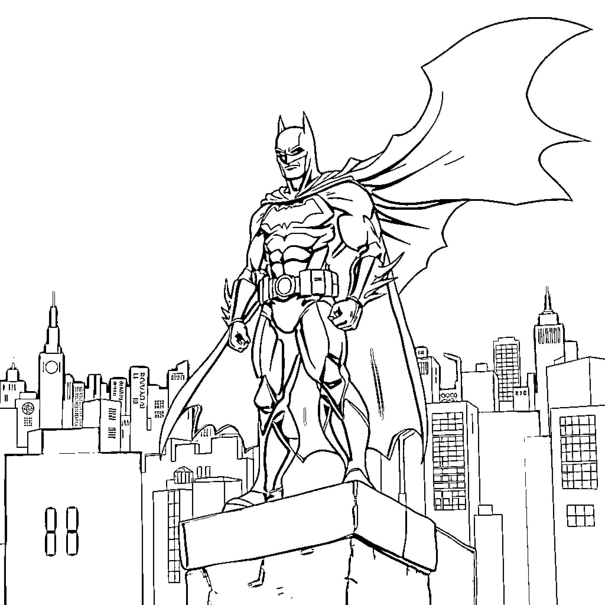 Batman standing heroically amidst the city skyline Coloring Page (free black-and-white line drawing printable PDF for all, from beginners to advanced learners, including children, teens, adults, and seniors)
